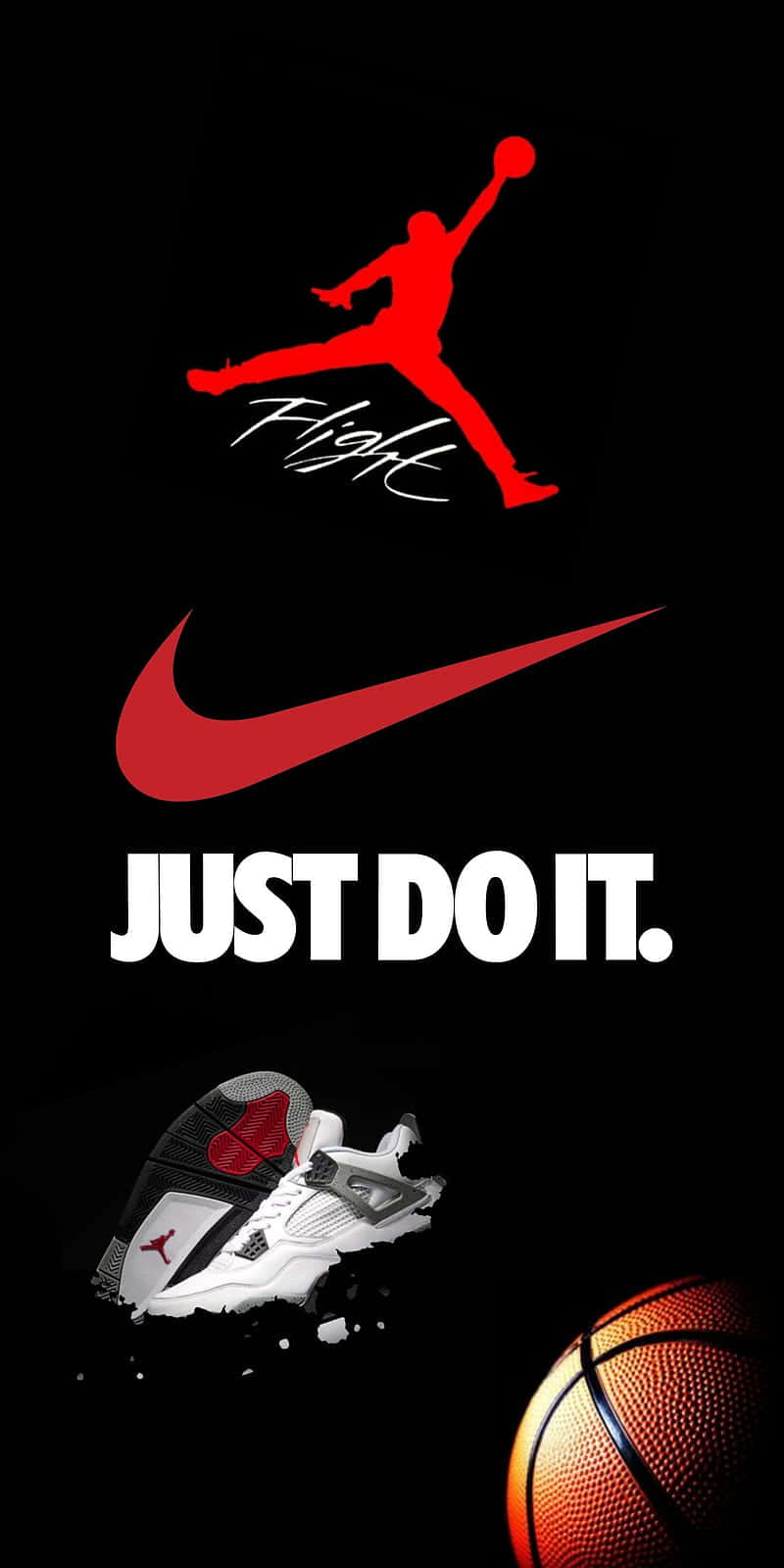 紅色喬丹標誌和Nike勾勾，帶有「JUST DO IT」標語和籃球鞋，黑色背景。 — Michael B Jordan 壁紙