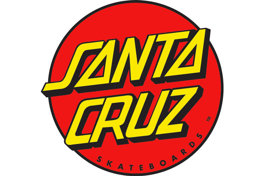 桌布 壁紙 — 大膽的紅色圓形標誌，帶有黃色3D風格文字，寫著Santa Cruz Skateboards，背景為白色。