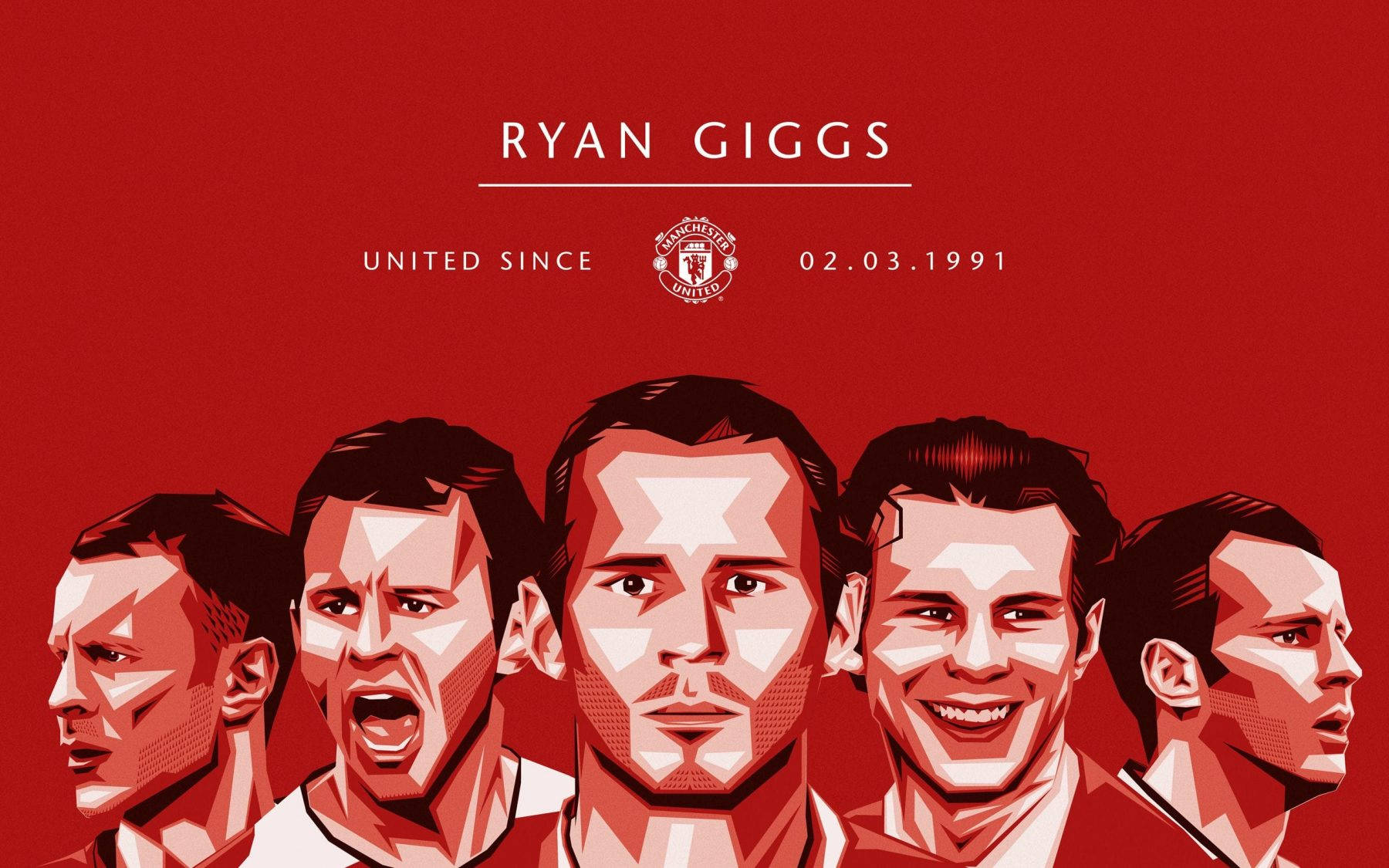 Ryan Giggs 桌布 壁紙 — 大膽的紅色圖形插圖，描繪了瑞恩·吉格斯在純紅色背景上的五種風格化面部表情。
