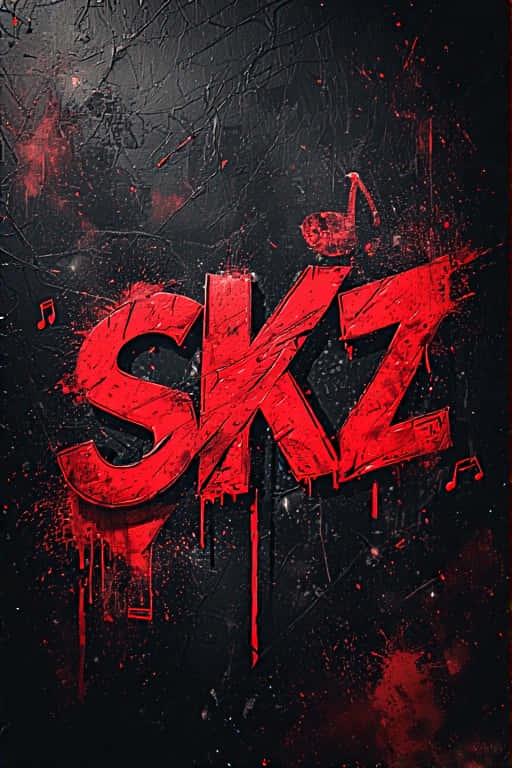 Stray Kids-Inspired Graffiti Wallpaper with Urban Textures and SKZ Lettering 壁紙 — 大膽的紅色塗鴉風格SKZ字母在裂開的黑色背景上滴落和飛濺，散落著音樂符號。
