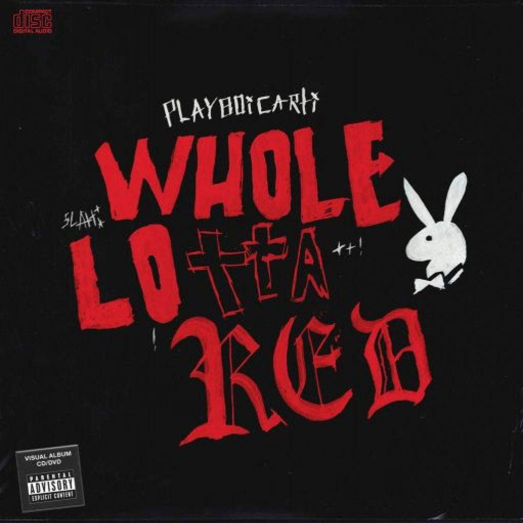 Whole Lotta Red 桌布 壁紙 — 大膽的紅色塗鴉風格文字在黑色背景上拼出「Whole Lotta Red」，並帶有白色Playboy兔子和家長指引標籤。