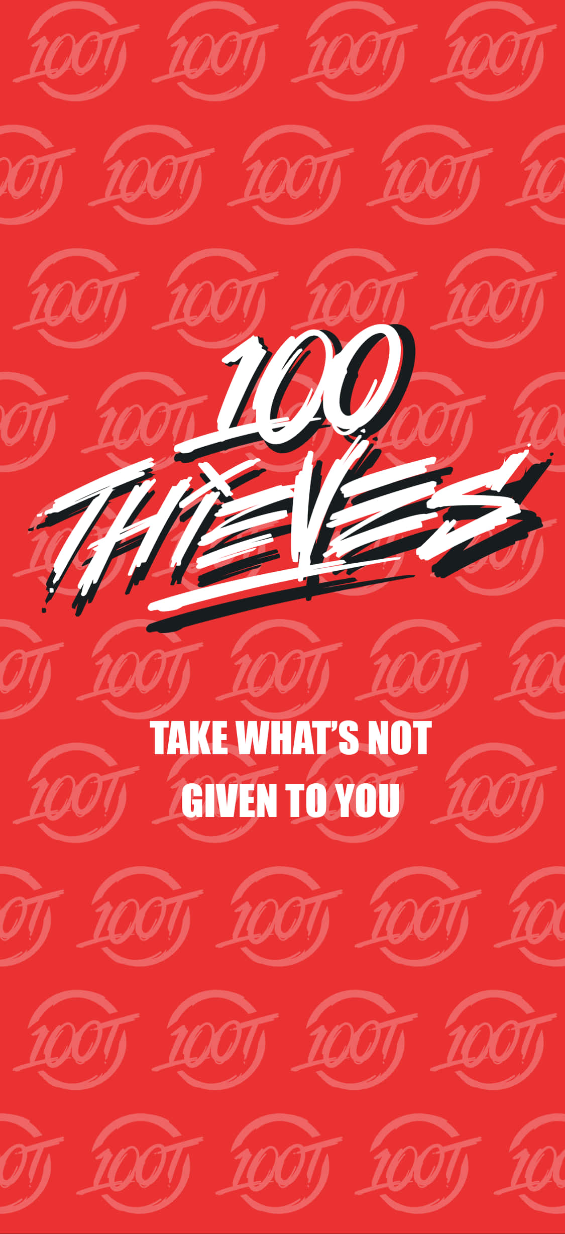 100 Thieves 桌布 壁紙 — 大膽的紅色壁紙，帶有重複的100T標誌和中央塗鴉風格的100 THIEVES口號及標語。