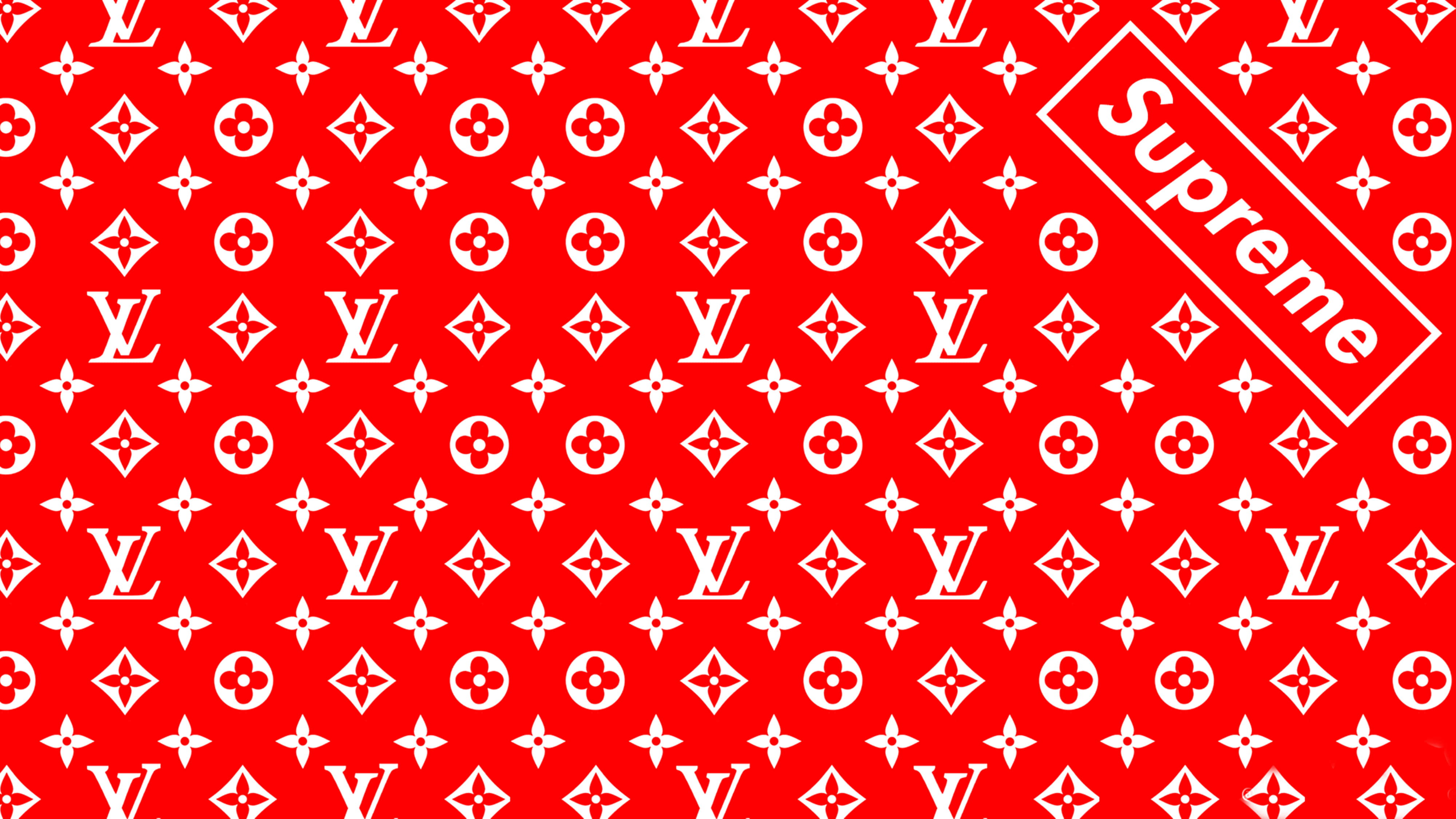 supreme aesthetic 桌布 壁紙 — 大膽的紅色壁紙，帶有重複的白色Louis Vuitton字母組合和對角線Supreme標誌。