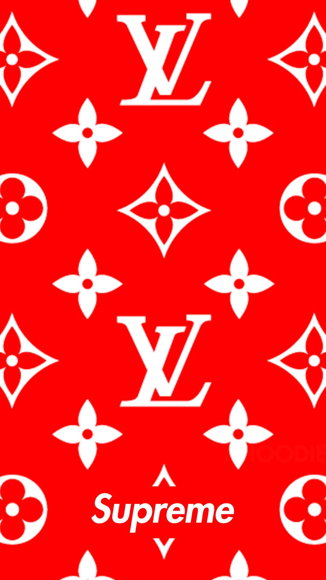 supreme 桌布 壁紙 — 大膽的紅色壁紙，帶有重複的白色Louis Vuitton monogram和底部的Supreme標誌。