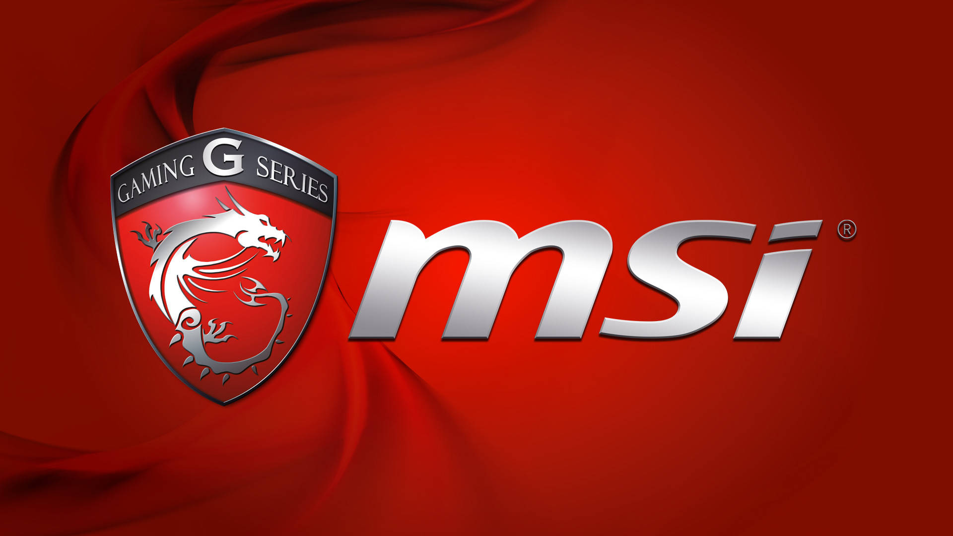 Msi Gaming 桌布 壁紙 — 大膽的紅色布料背景展示了帶有銀色龍紋章和金屬MSI文字的MSI Gaming G Series標誌。