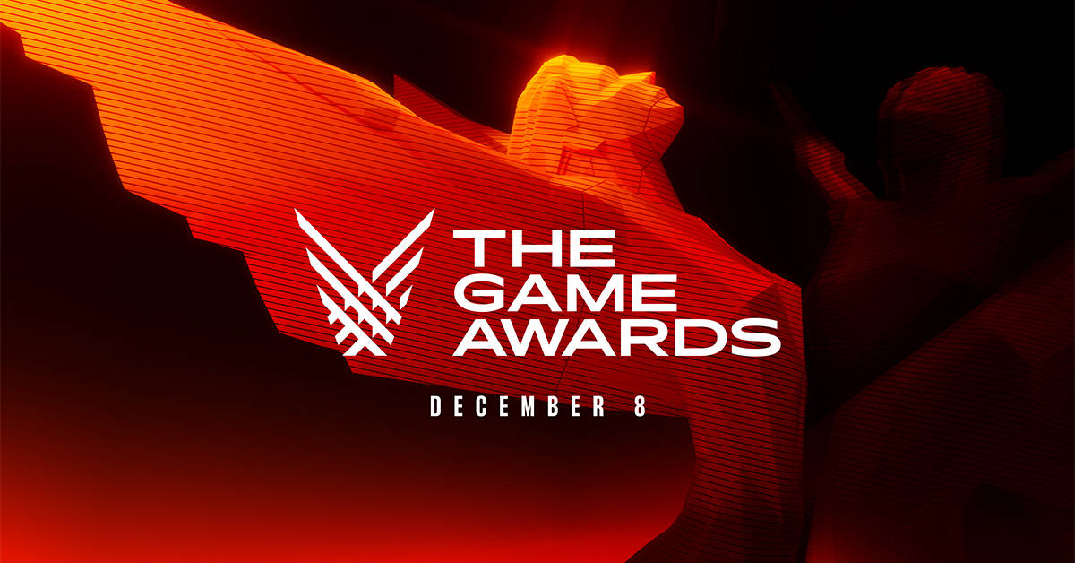 遊戲 桌布 壁紙 — 大膽的紅色幾何形狀在深色背景上框住白色文字「THE GAME AWARDS」，並帶有發光的橙色亮點。