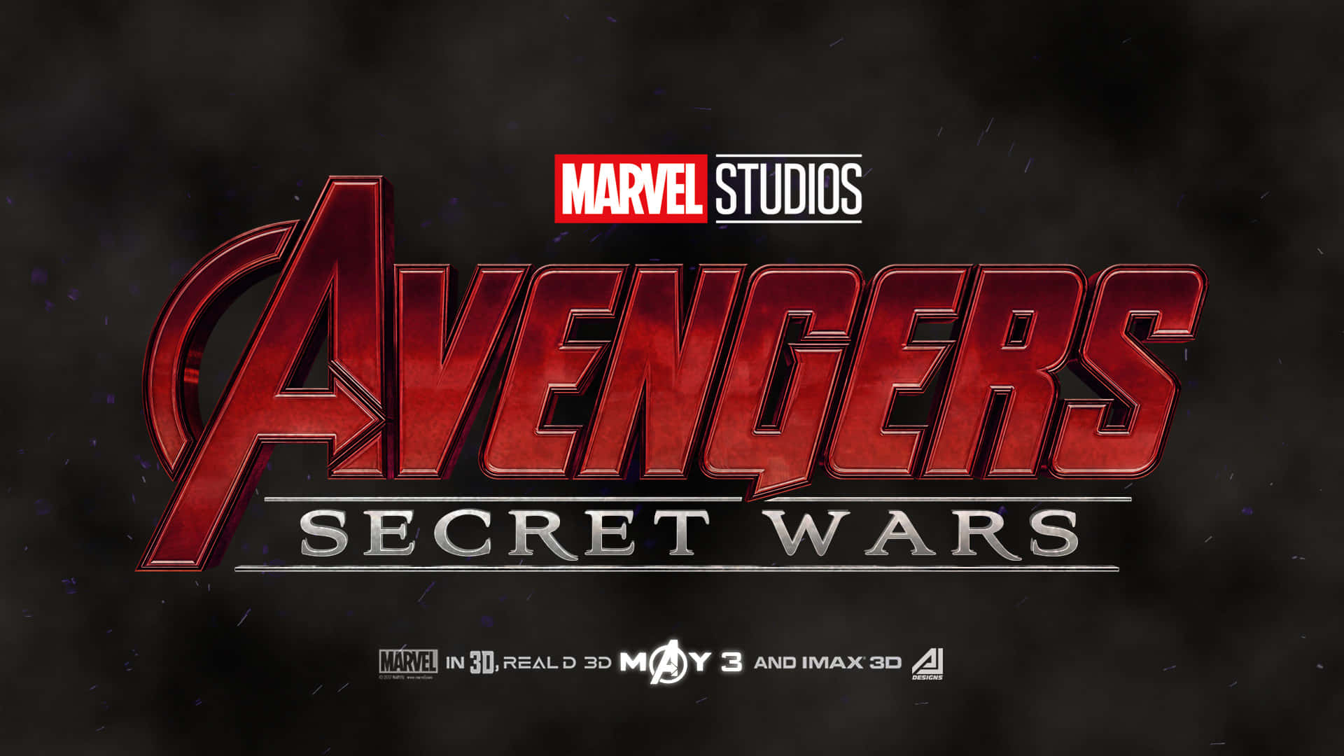 Secret Wars 桌布 壁紙 — 大膽的紅色復仇者聯盟秘密戰爭標誌在黑暗煙霧瀰漫的電影背景中發光，帶有Marvel Studios品牌標識。