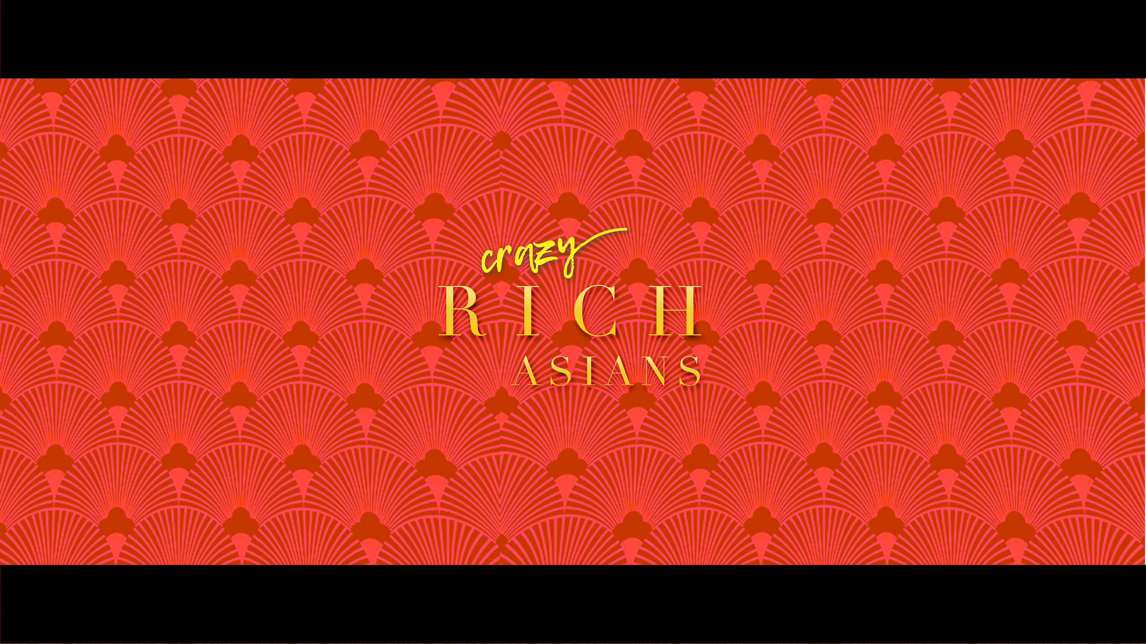 Rich 桌布 壁紙 — 大膽的紅色扇形圖案壁紙，中央有金色「crazy rich asians」文字。
