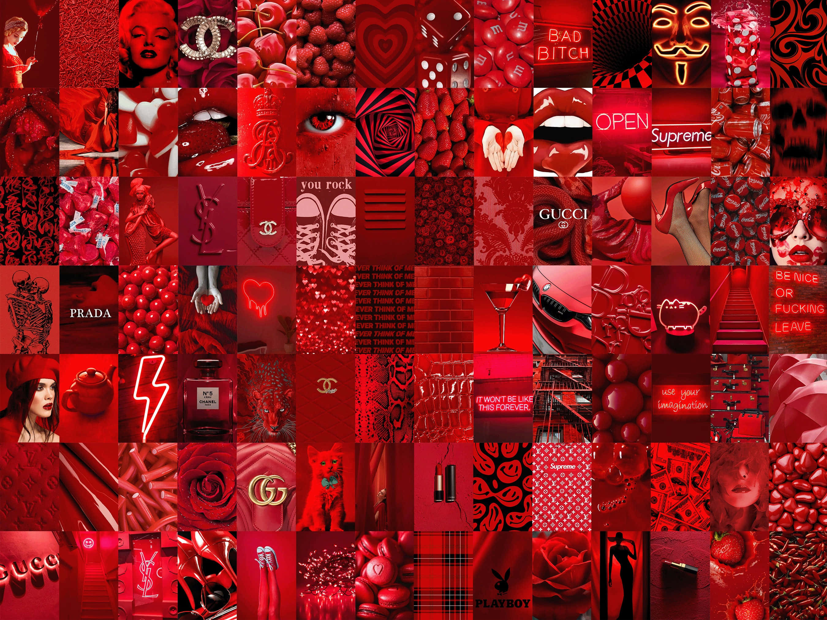 Red Cute Aesthetic 桌布 壁紙 — 大膽的紅色拼貼馬賽克，以單色紅色調呈現奢華品牌、時尚偶像和流行文化符號。