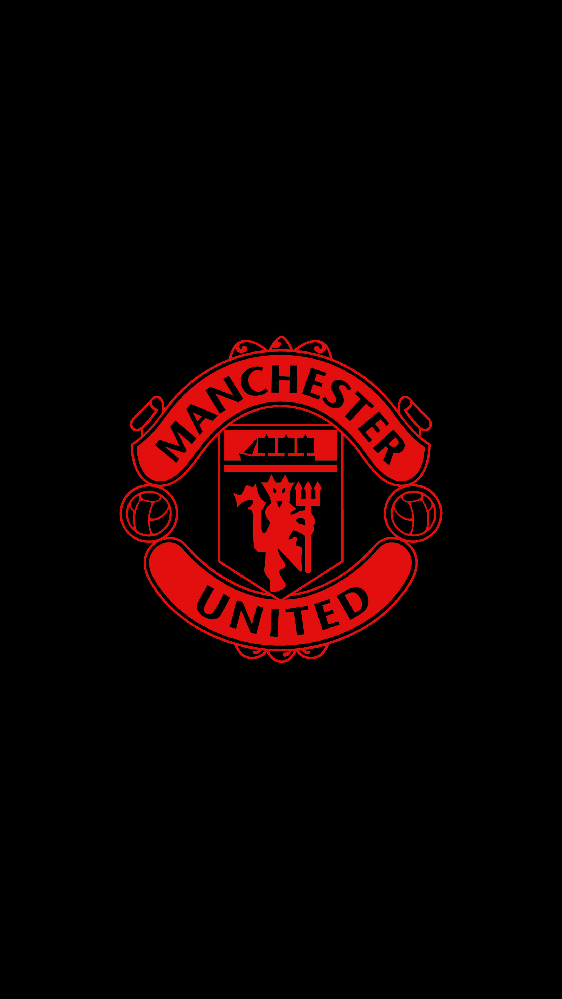 Manchester United iPhone 桌布 壁紙 — 大膽的紅色曼聯會徽，置於帶有發光邊緣的純黑背景中央。