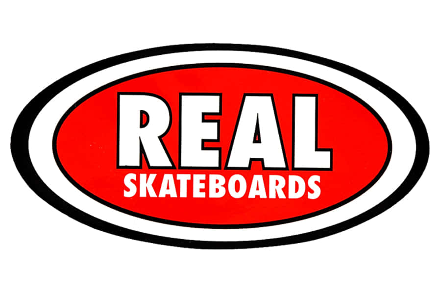 桌布 壁紙 — 大膽的紅色橢圓形標誌，白色文字寫著「REAL SKATEBOARDS」，背景為純白色。