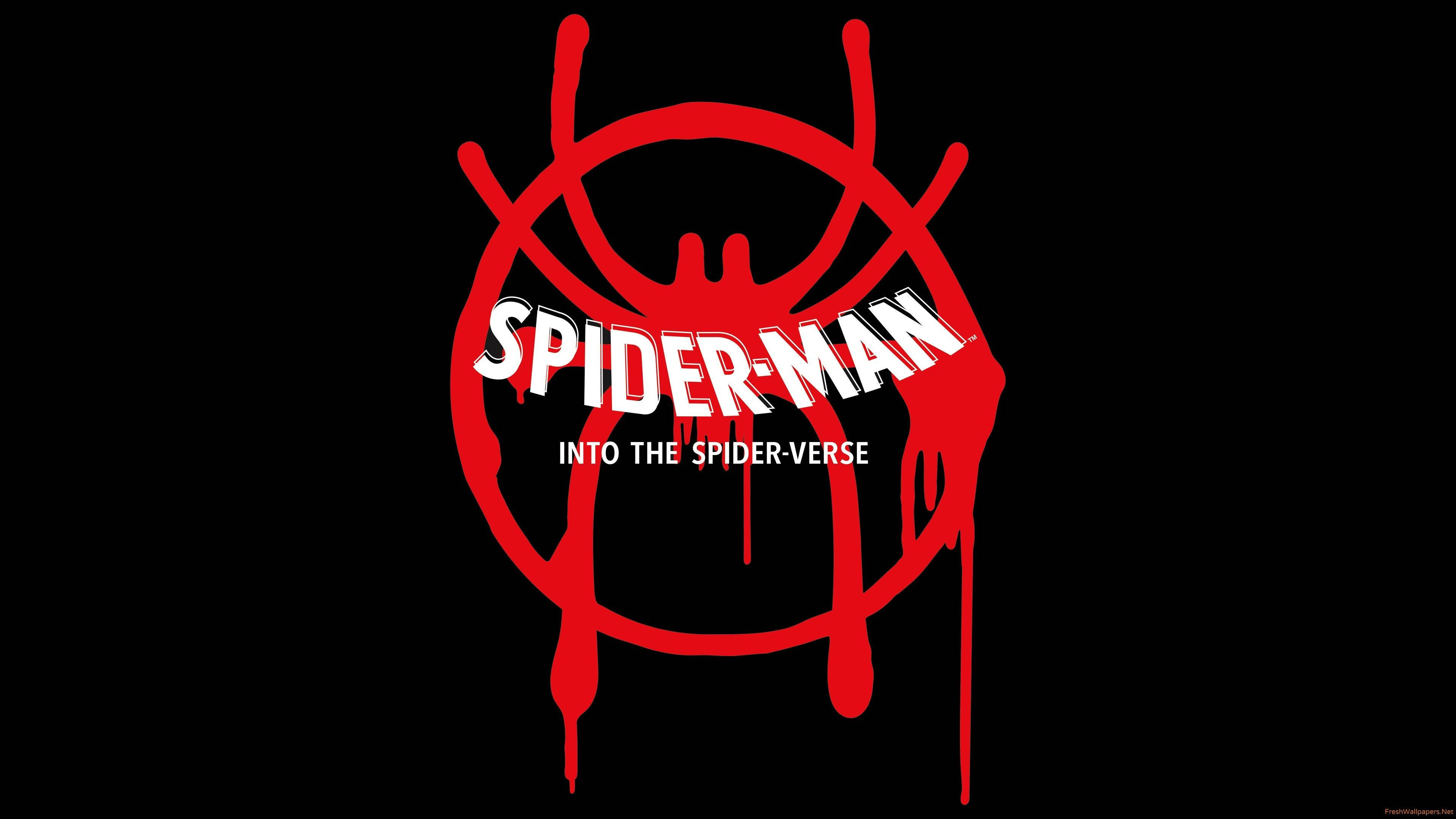 蜘蛛人：新宇宙 桌布 壁紙 — 大膽的紅色滴落蜘蛛標誌，帶有「SPIDER-MAN INTO THE SPIDER-VERSE」文字，背景為純黑色。