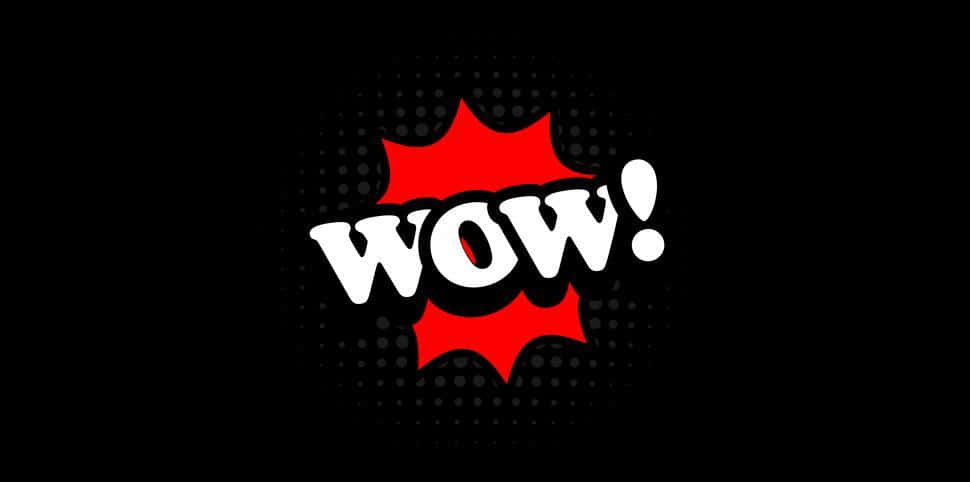 哇 桌布 壁紙 — 大膽的紅色漫畫對話框，帶有白色「WOW！」文字，在黑色半色調背景上突出顯示。