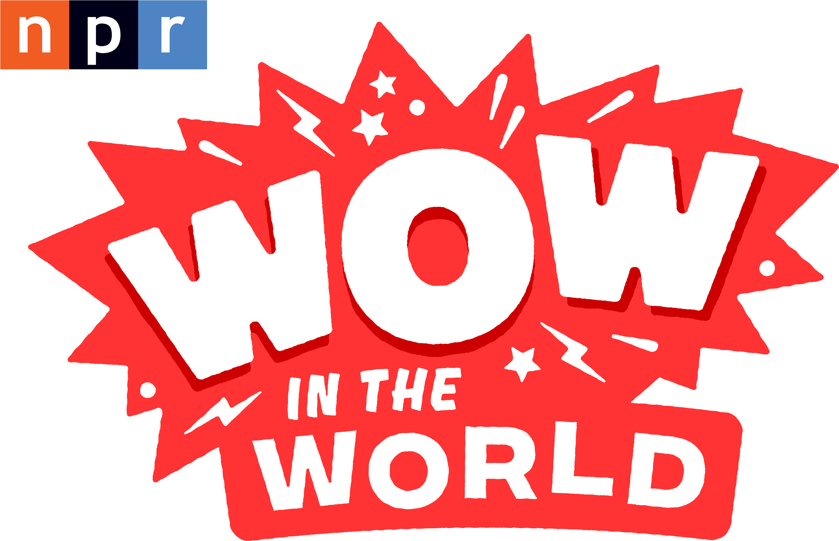 Wow 桌布 壁紙 — 大膽的紅色漫畫風格爆炸圖形，白色文字寫著「WOW IN THE WORLD」，左上角有NPR標誌。