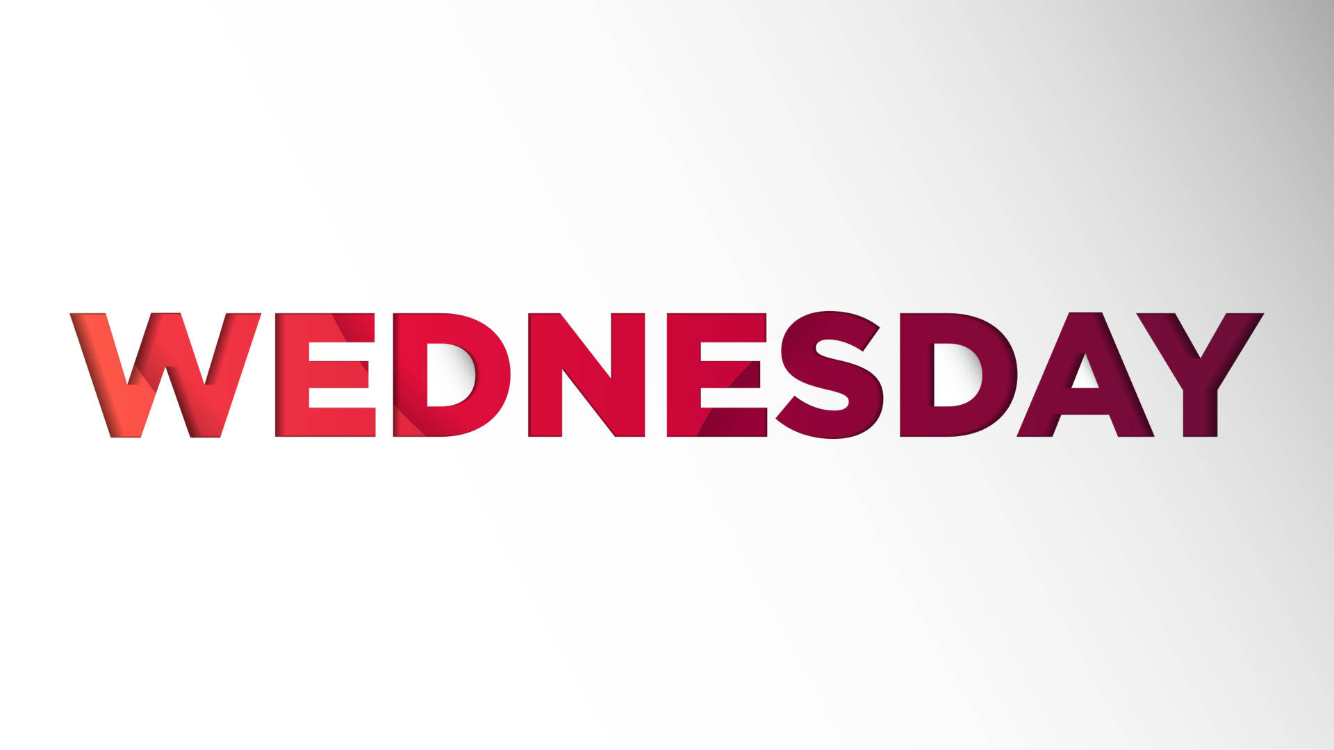 happy wednesday 桌布 壁紙 — 大膽的紅色漸變文字拼出WEDNESDAY，帶有3D陰影，背景為純白色。