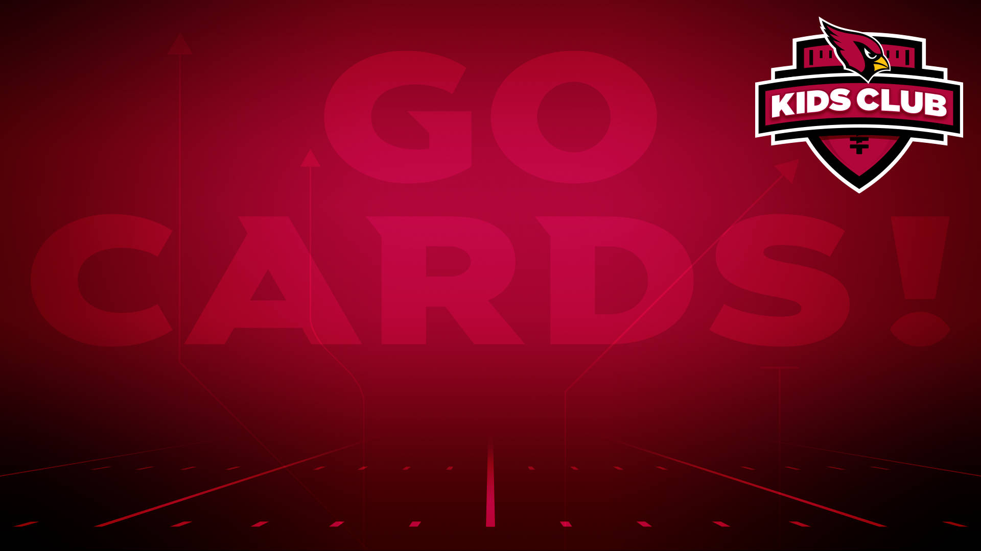 Arizona 桌布 壁紙 — 大膽的紅色漸變背景，帶有「GO CARDS!」文字和角落的亞利桑那紅雀兒童俱樂部標誌。
