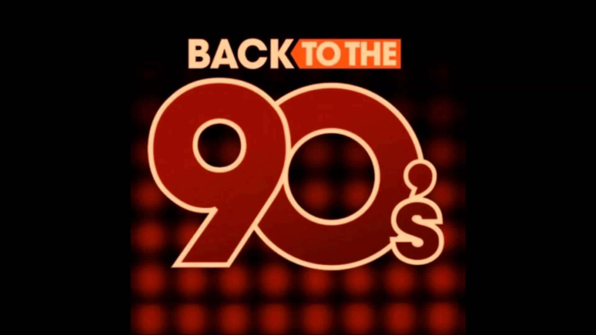 Retro 桌布 壁紙 — 大膽的紅色發光90年代文字，上方有'BACK TO THE'，背景為深色並帶有像素化紅點。