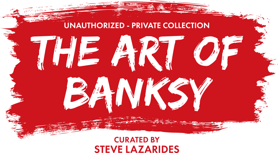 Banksy 桌布 壁紙 — 大膽的紅色筆觸背景，帶有白色塗鴉風格文字，宣佈「The Art of Banksy」和「Unauthorized - Private Collection」。