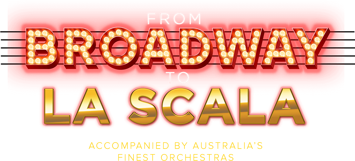 Theater 桌布 壁紙 — 大膽的紅色簷篷燈用金色文字和黑色背景拼出「FROM BROADWAY TO LA SCALA」。