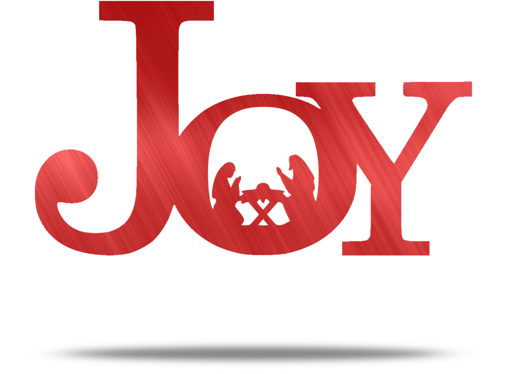 喜悅 桌布 壁紙 — 大膽的紅色紋理字母拼出 JOY，O 字內有耶穌誕生場景，背景為黑色。