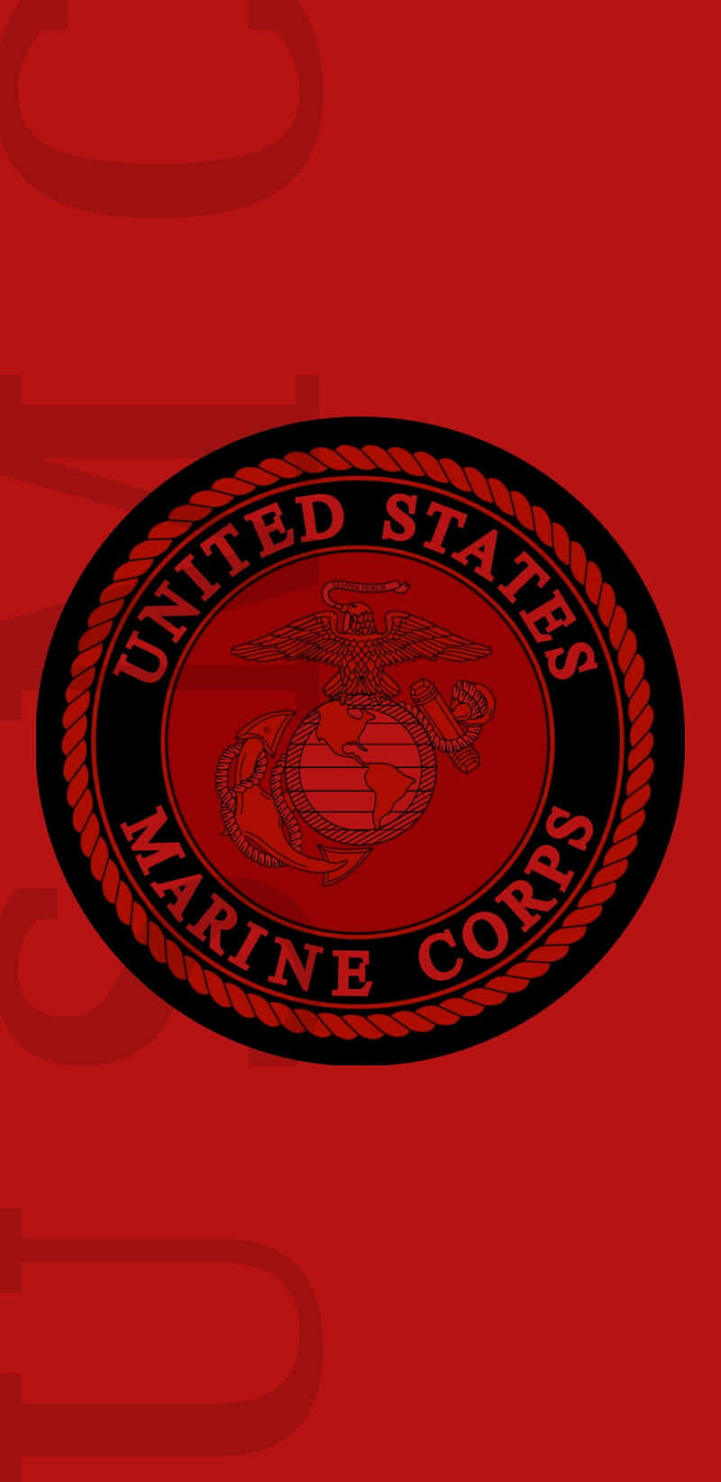 Usmc 桌布 壁紙 — 大膽的紅色背景，中央是美國海軍陸戰隊徽章，以黑色和紅色呈現，並帶有繩索邊框。