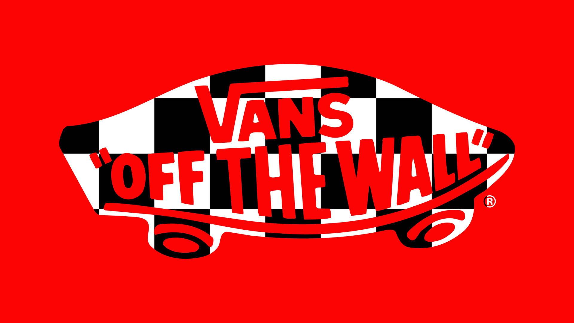 Vans Off The Wall 桌布 壁紙 — 大膽的紅色背景，帶有標誌性Vans標誌、格紋滑板輪廓和紅色文字。