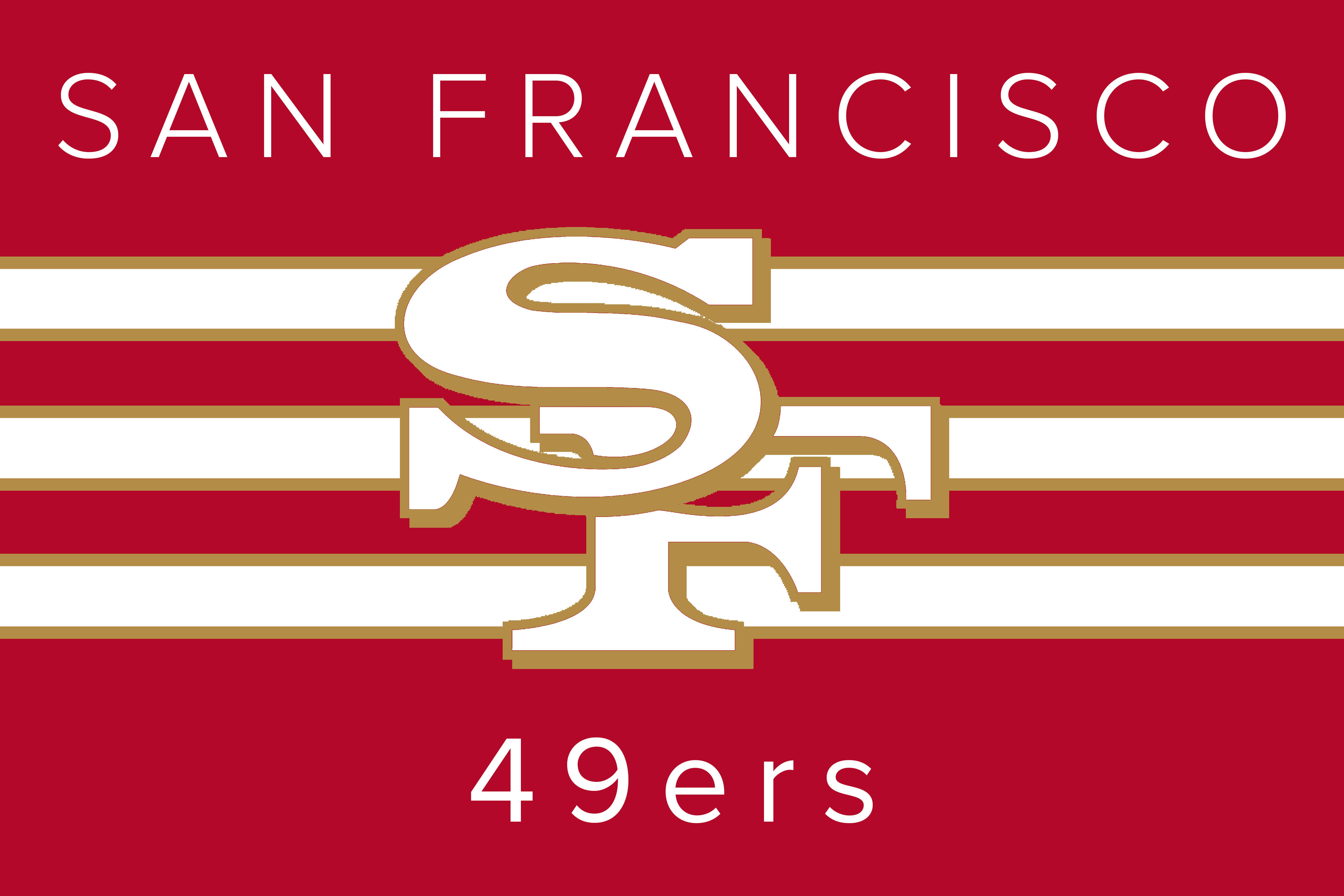49ers 桌布 壁紙 — 大膽的紅色背景，帶有白色和金色條紋，展示標誌性的 SF 49ers 標誌和球隊名稱，以清晰的白色文字呈現。
