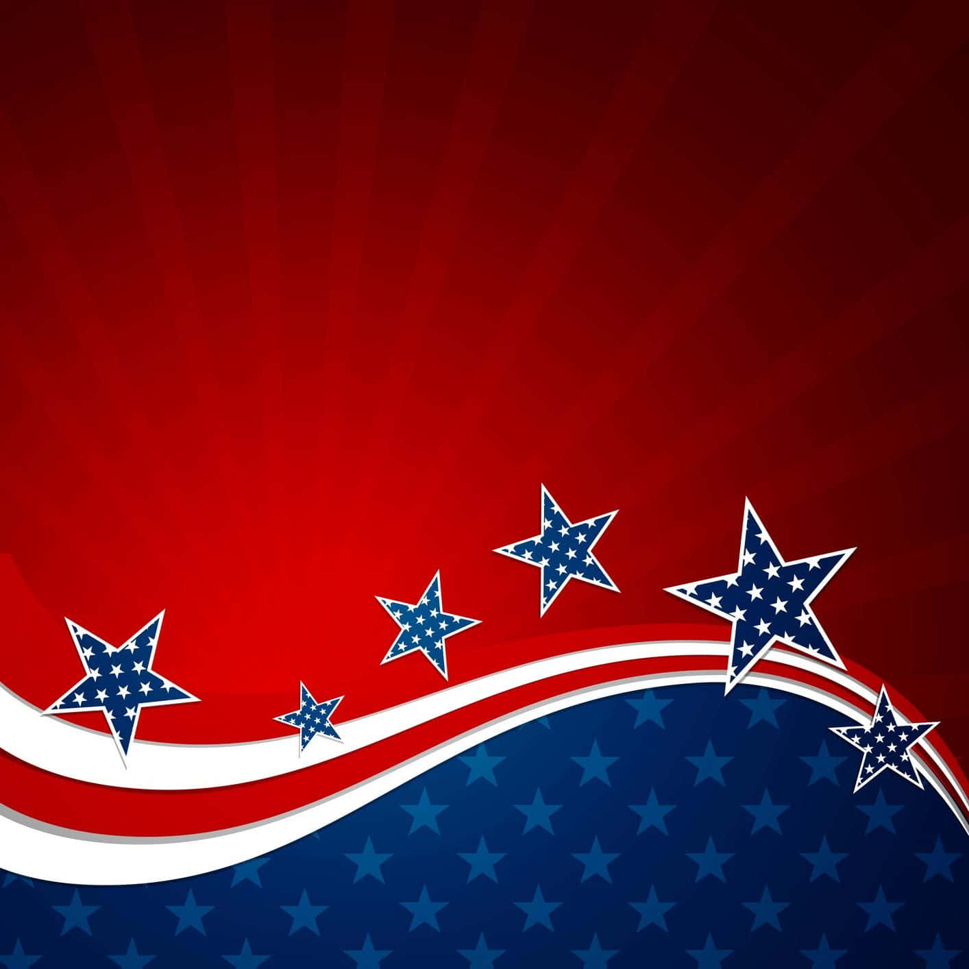 Cute 4th Of July 桌布 壁紙 — 大膽的紅色背景，帶有白色彎曲條紋和藍色星星，呈現愛國美國國旗設計。