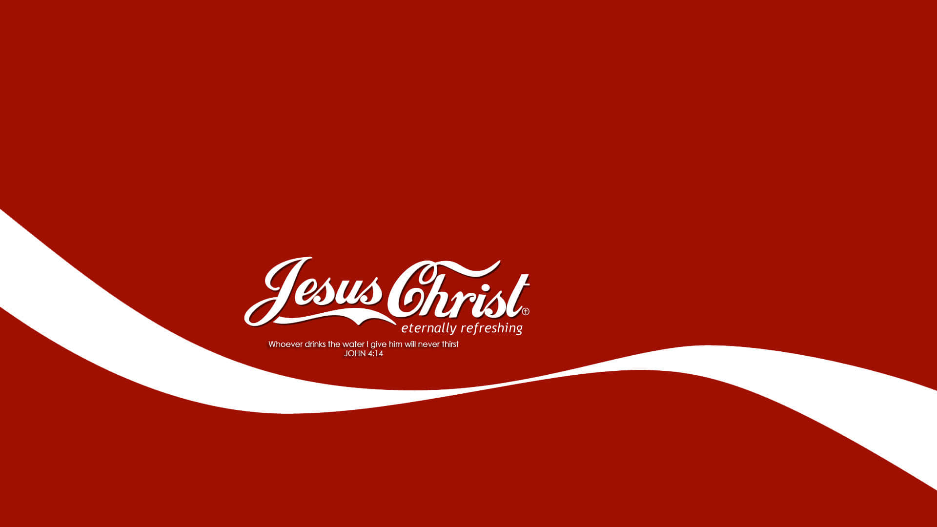 桌布 壁紙 — 大膽的紅色背景，帶有白色波浪線和「Jesus Christ eternally refreshing」手寫標誌。