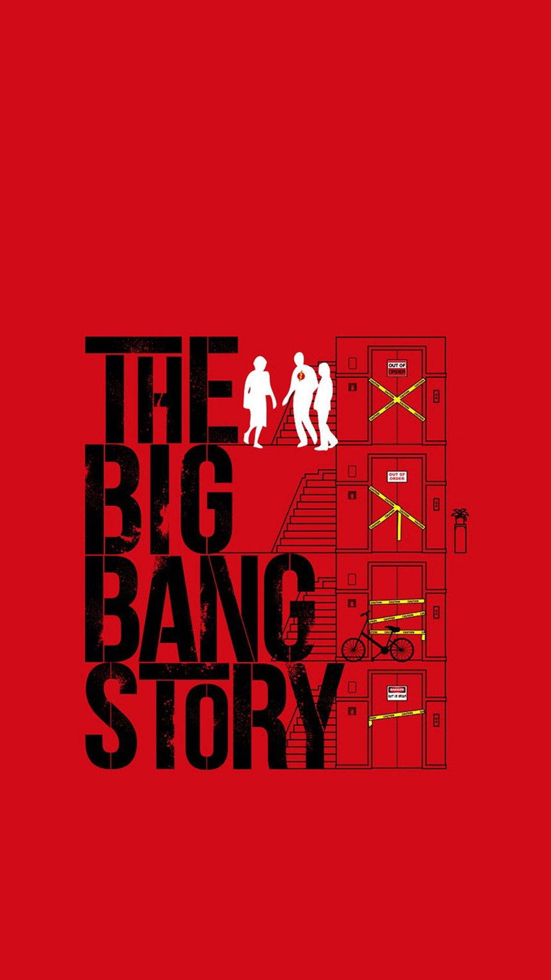 Bang 桌布 壁紙 — 大膽的紅色背景，黑色文字「THE BIG BANG STORY」，三個白色剪影走過風格化的公寓大門。