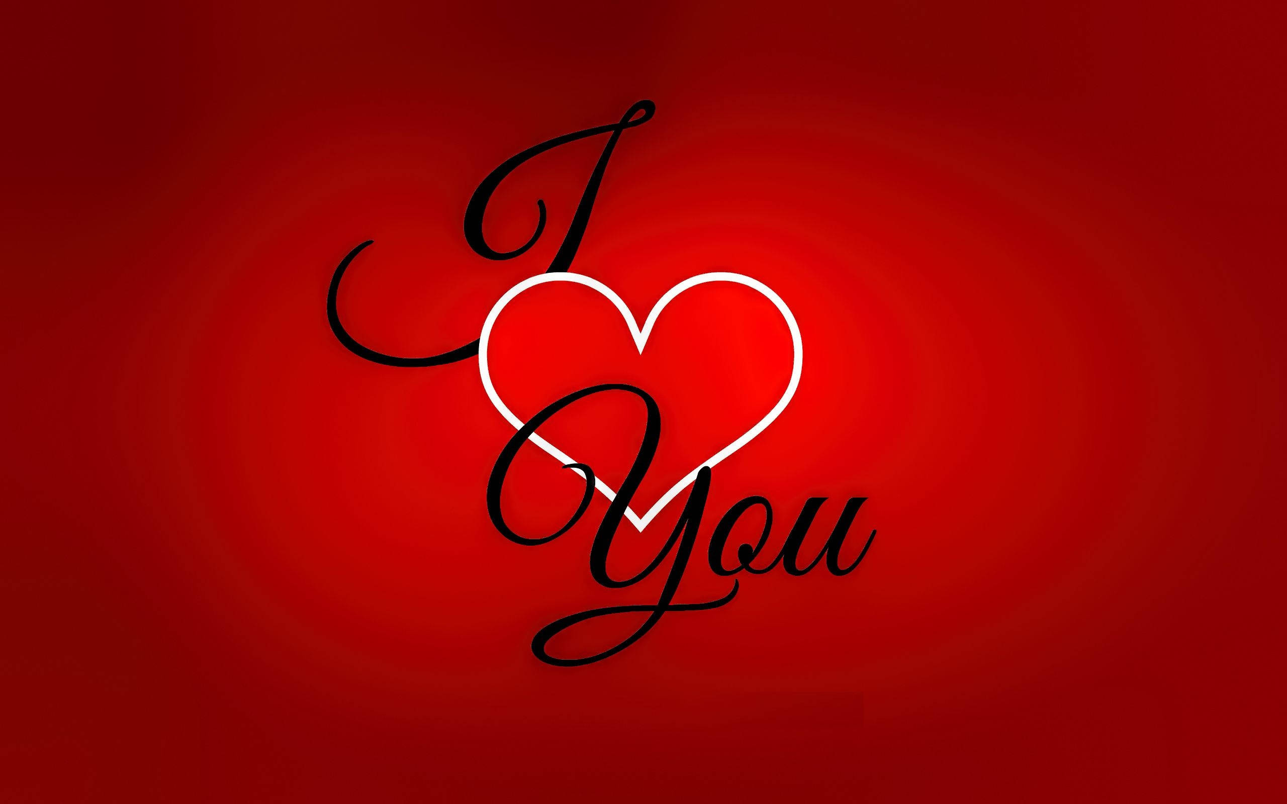我愛你 桌布 壁紙 — 大膽的紅色背景上，以優雅的黑色字體呈現「I Love You」字句，並以發光的白色心形取代字母「o」。