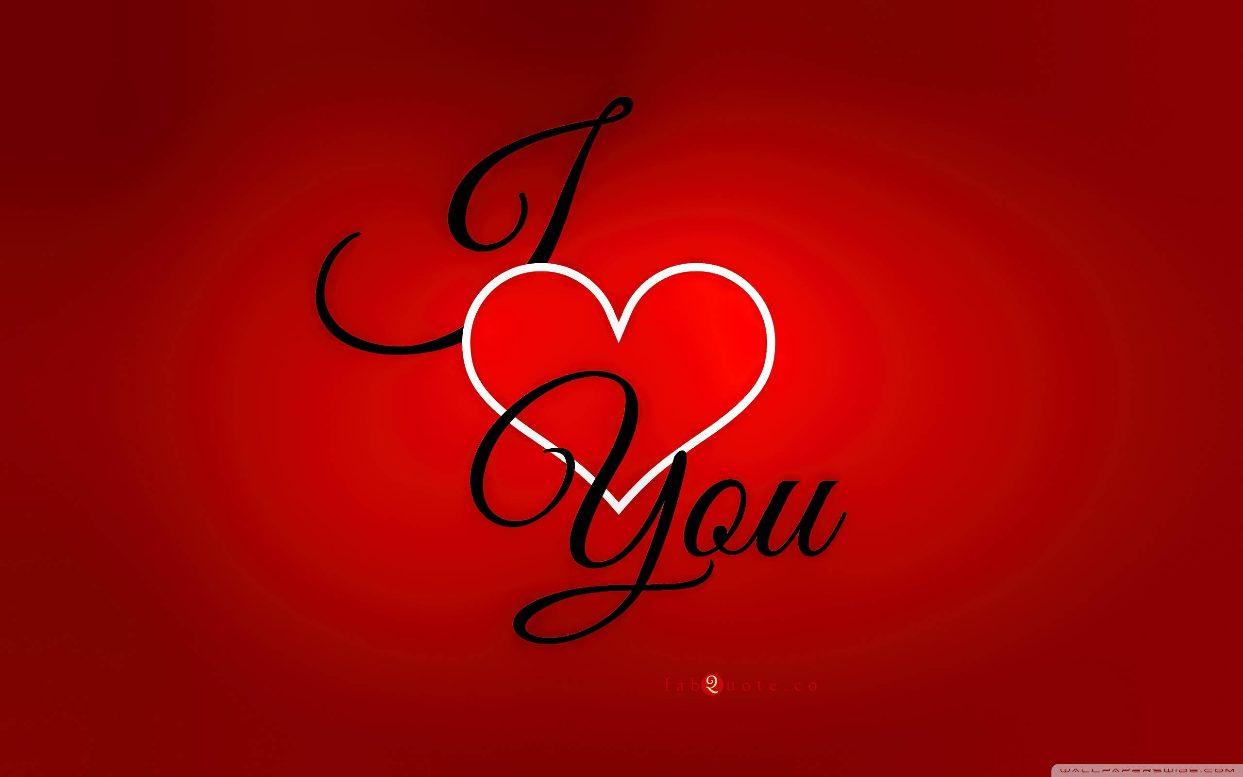 情人節 桌布 壁紙 — 大膽的紅色背景上，優雅的黑色手寫體顯示「I Love You」字句，並以發光的白色心形取代「Love」一詞。