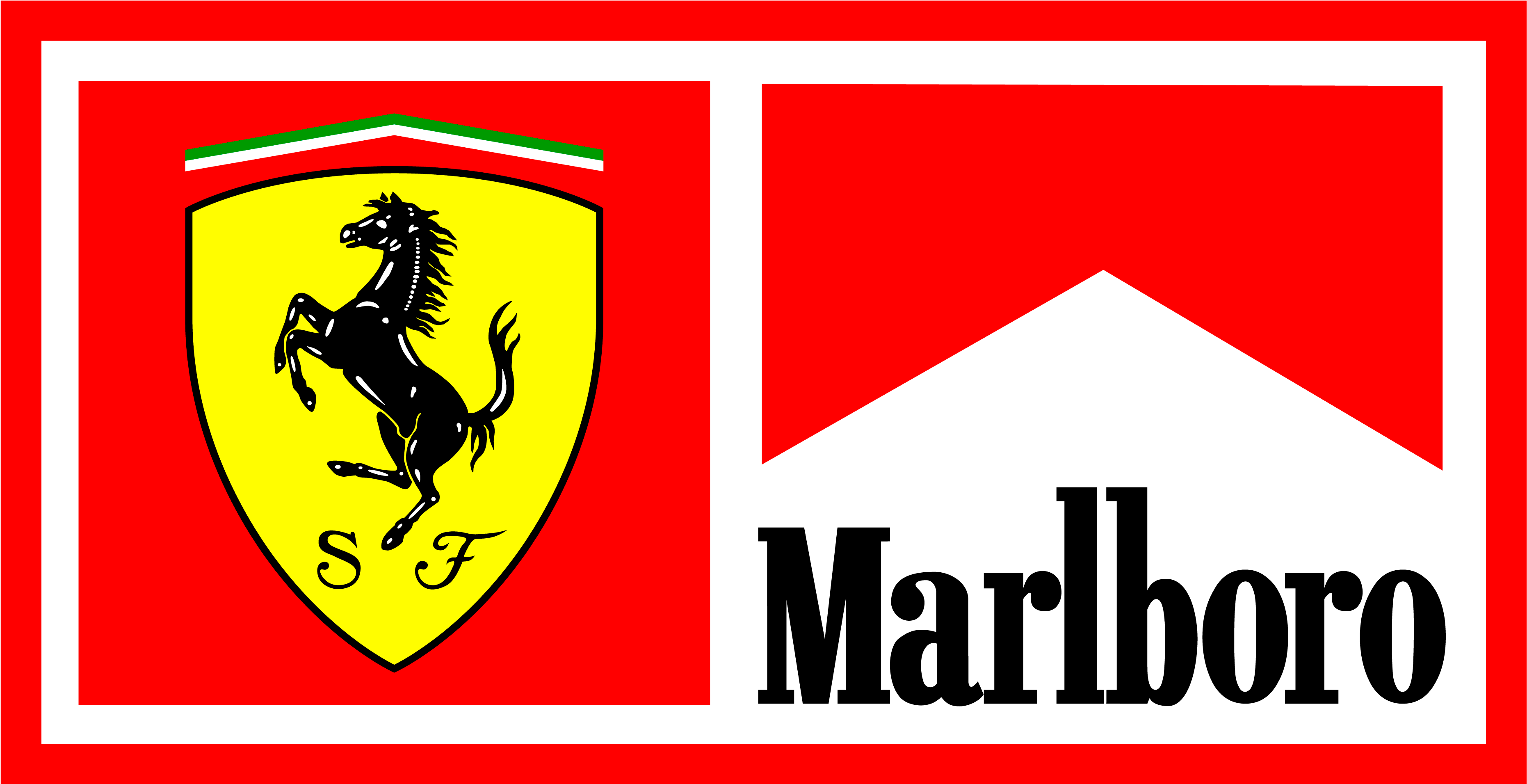 Ferrari Logo 桌布 壁紙 — 大膽的紅色背景上，標誌性的黑色躍馬法拉利標誌與經典的萬寶路香煙品牌標記並列。