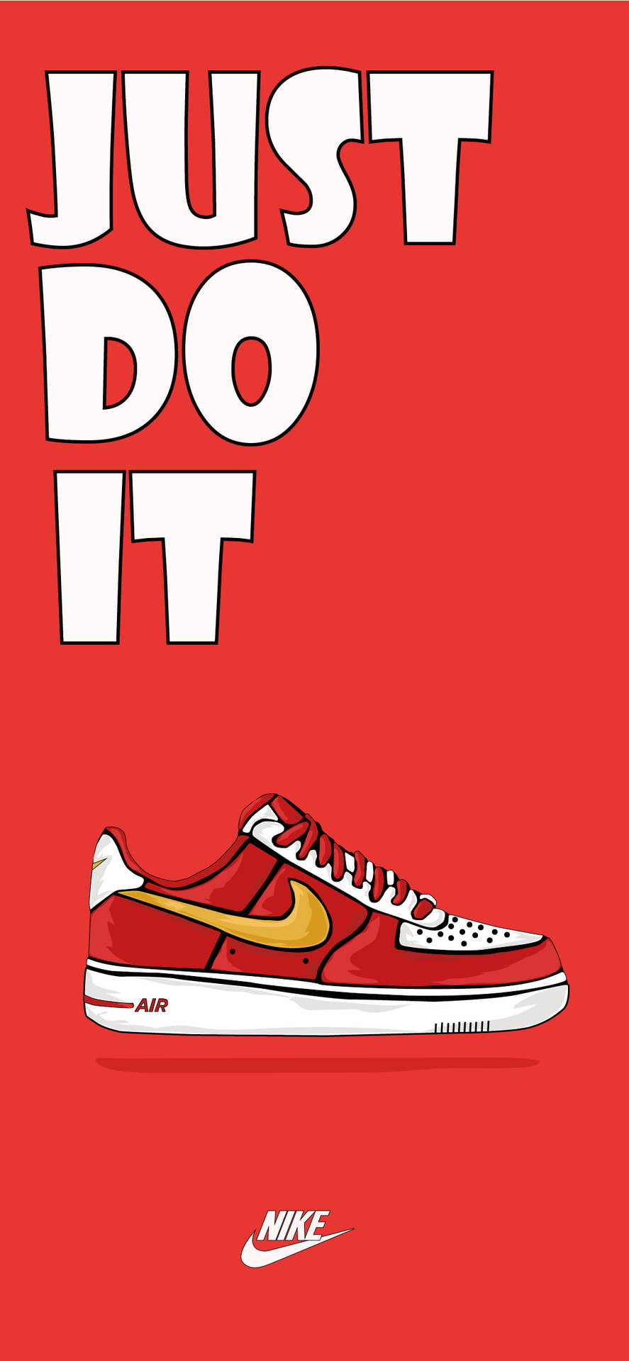 紅色背景上「JUST DO IT」標語下方，帶有金色勾勾的紅白Nike Air運動鞋。 — Nike GIF 壁紙