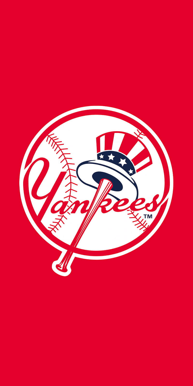 New York Yankees iPhone 桌布 壁紙 — 大膽的紅色背景上印有標誌性的紐約洋基隊標誌，配有白色棒球棒和帶星星的帽子。