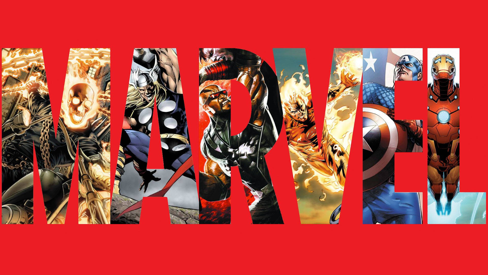 漫威 桌布 壁紙 — 大膽的紅色背景上展示MARVEL標誌，以及像幽靈騎士、雷神、黑豹、美國隊長和鋼鐵人等標誌性英雄衝破每個字母。