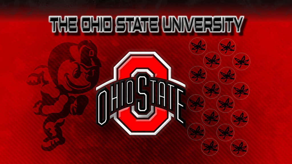 Ohio State Logo 桌布 壁紙 — 大膽的紅色背景上展示了俄亥俄州立大學標誌、Brutus Buckeye 吉祥物和重複的 buckeye 葉子圖標。