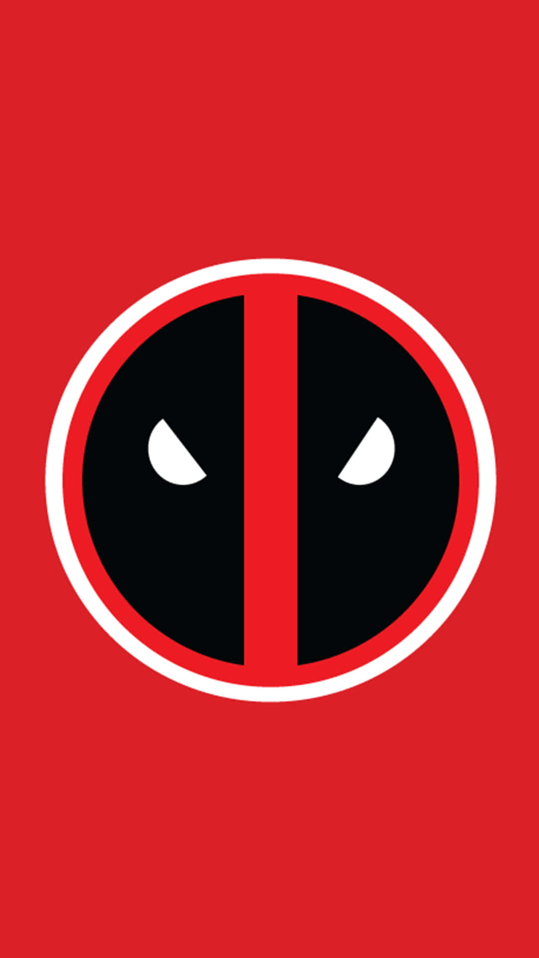 Deadpool Logo 桌布 壁紙 — 大膽的紅色背景上展示了死侍標誌性的黑白圓形面具標誌，帶有銳利的白色眼睛。