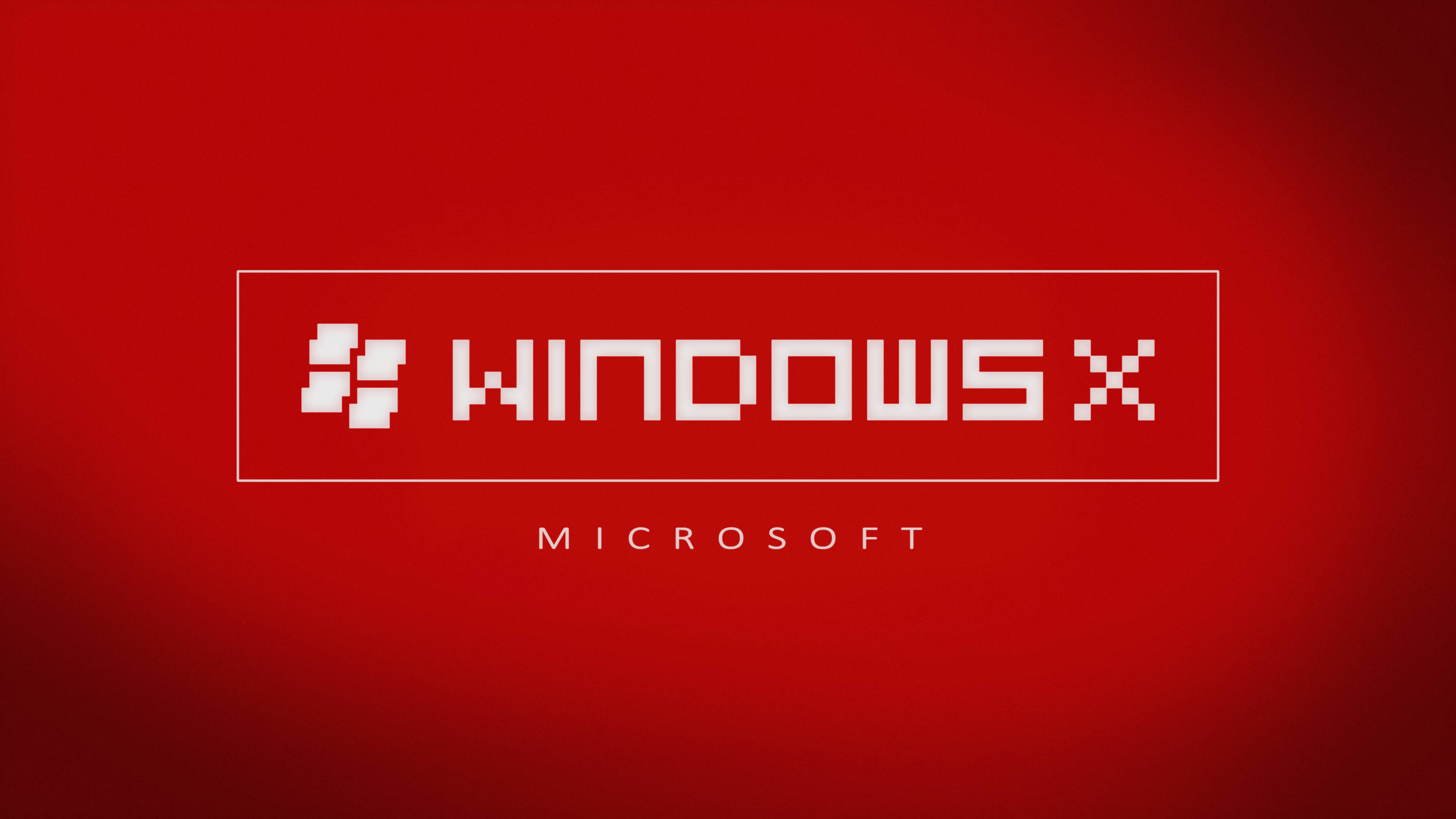 Windows 10 高畫質 桌布 壁紙 — 大膽的紅色背景上有一個像素化的白色Windows X標誌，下方有Microsoft文字。
