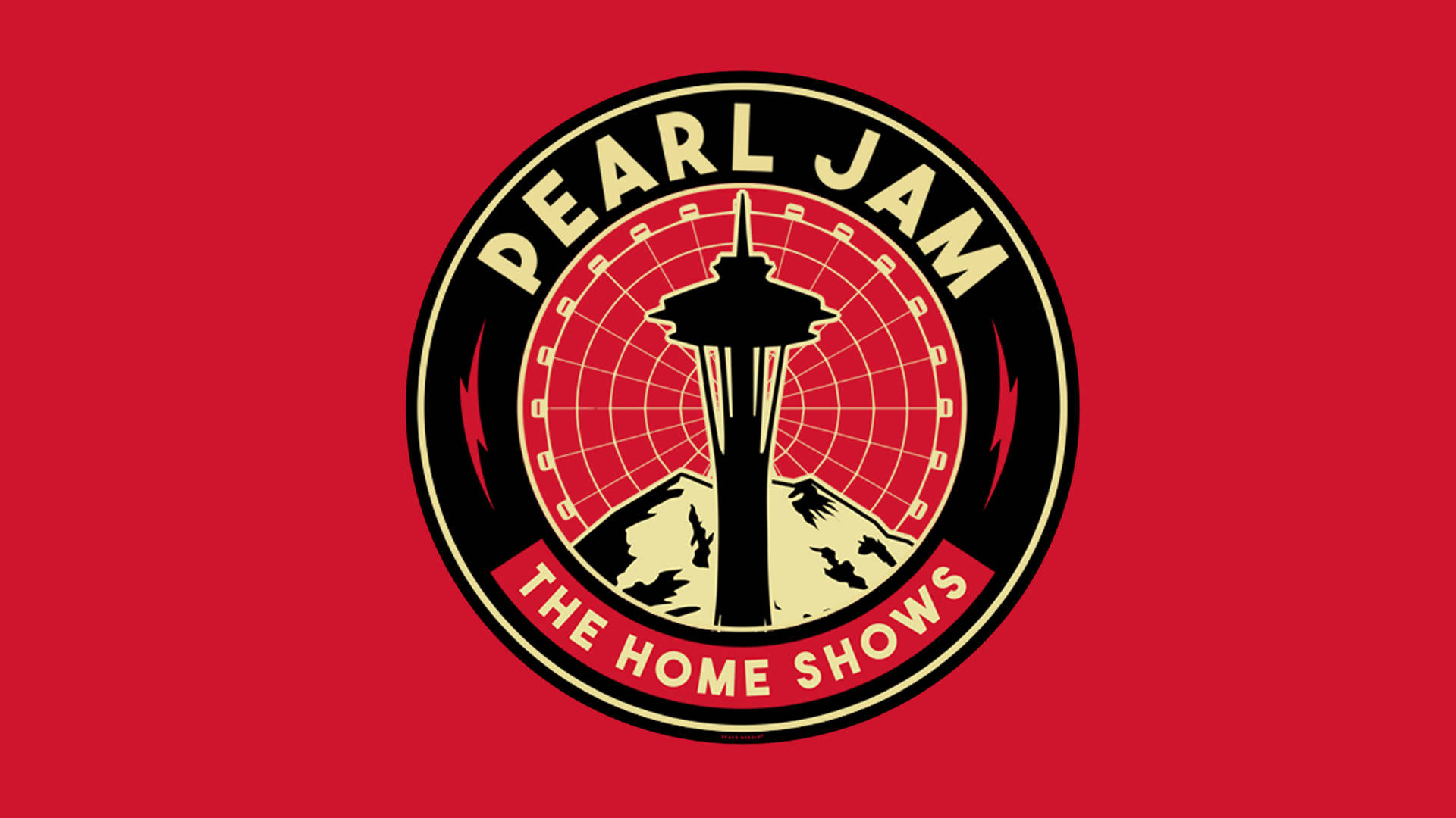pearl jam 桌布 壁紙 — 大膽的紅色背景上有一個圓形標誌，包含太空針塔和 Pearl Jam 的 Home Shows 文字。