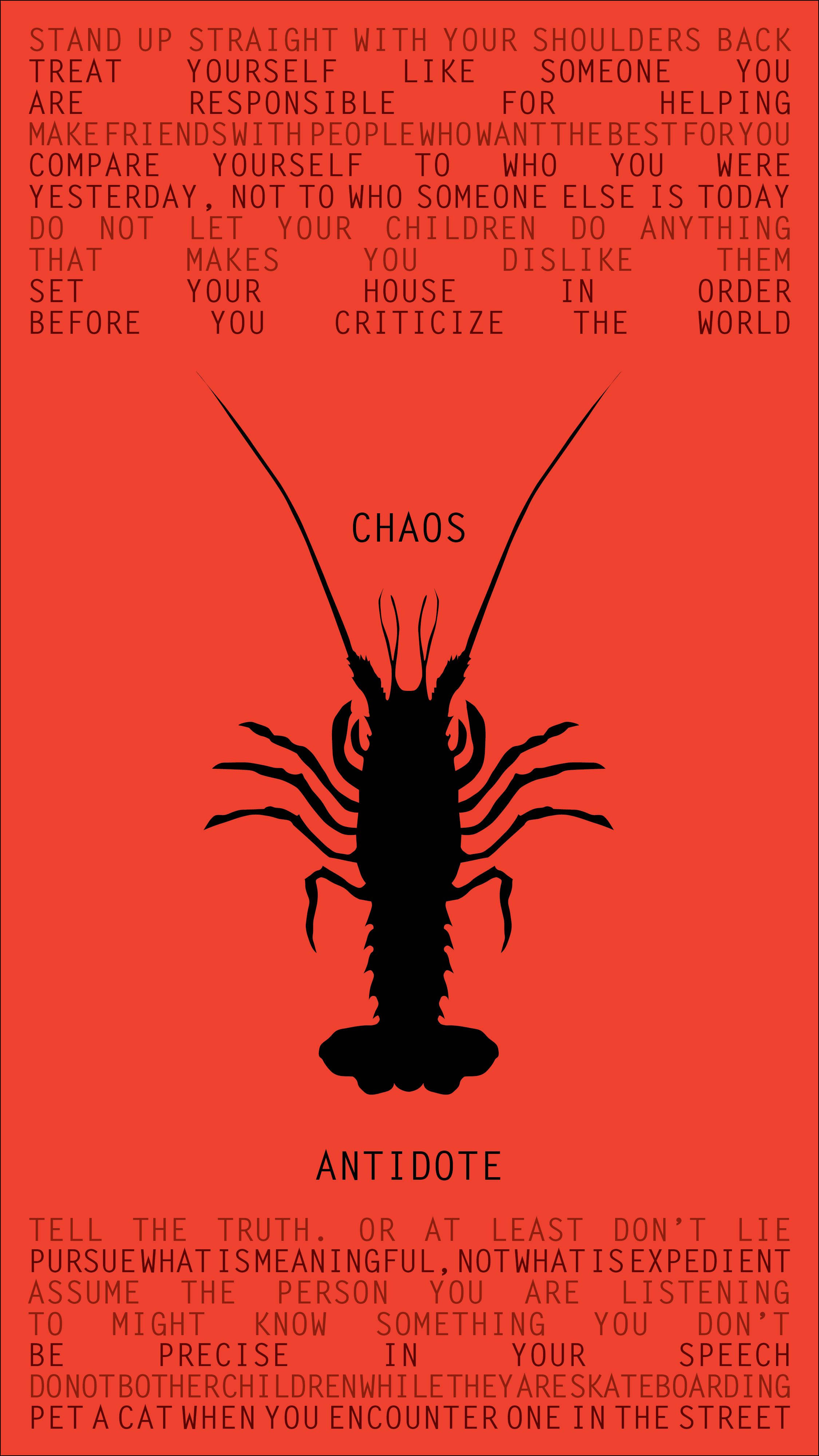 Lobster 桌布 壁紙 — 大膽的紅色背景上有一個標有「CHAOS」的黑色龍蝦剪影，上下方有勵志文字。