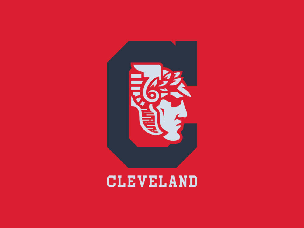 Cleveland Guardians 桌布 壁紙 — 大膽的紅色背景上有一個海軍藍色風格化的C，包圍著一個戴著月桂花環的古典人物的白色側面輪廓，下方有文字Cleveland。