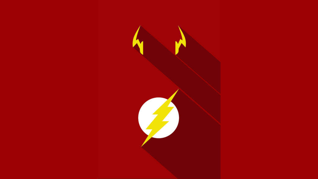 the flash 4K 桌布 壁紙 — 大膽的紅色背景上有一個白色圓圈，內有黃色閃電，上方有兩個較小的閃電，投下長長的陰影。
