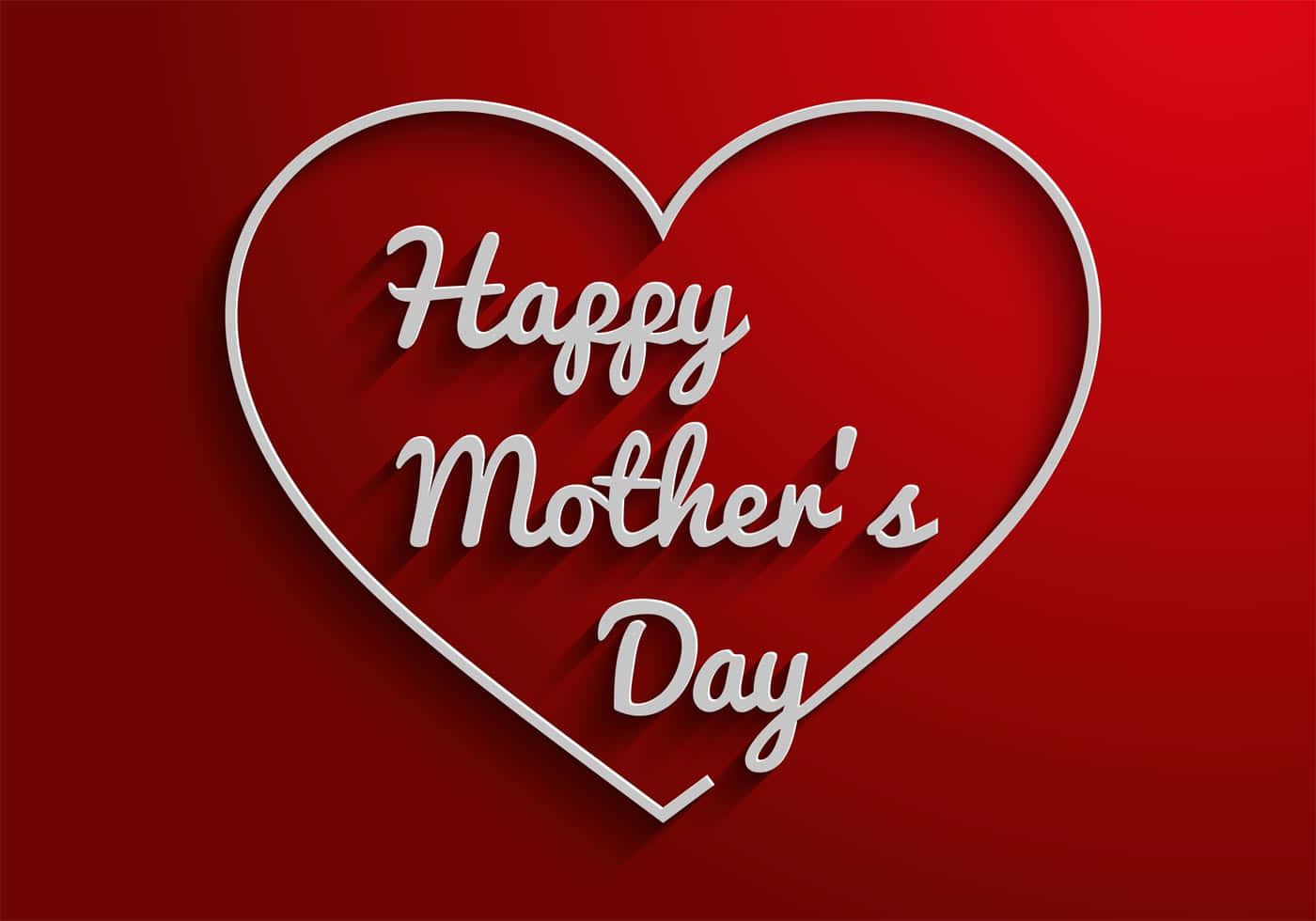 Mother's Day 桌布 壁紙 — 大膽的紅色背景上有一個白色心形輪廓，'Happy Mother's Day' 文字以優雅草書呈現，投射出柔和陰影。