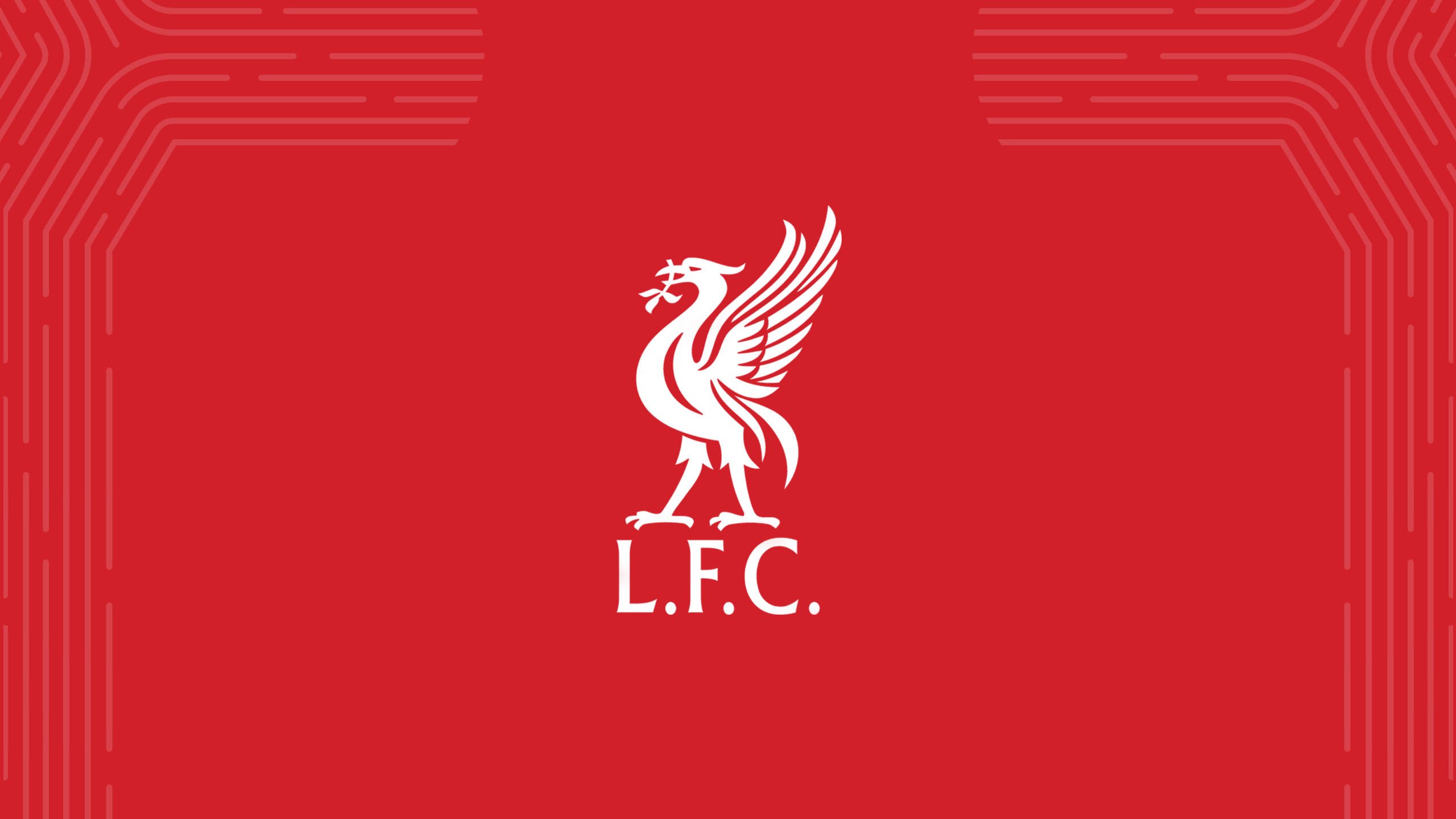 Liverpool Fc 桌布 壁紙 — 大膽的紅色背景上有一個白色的Liver Bird標誌，帶有L.F.C.文字和幾何線條圖案框住邊緣。