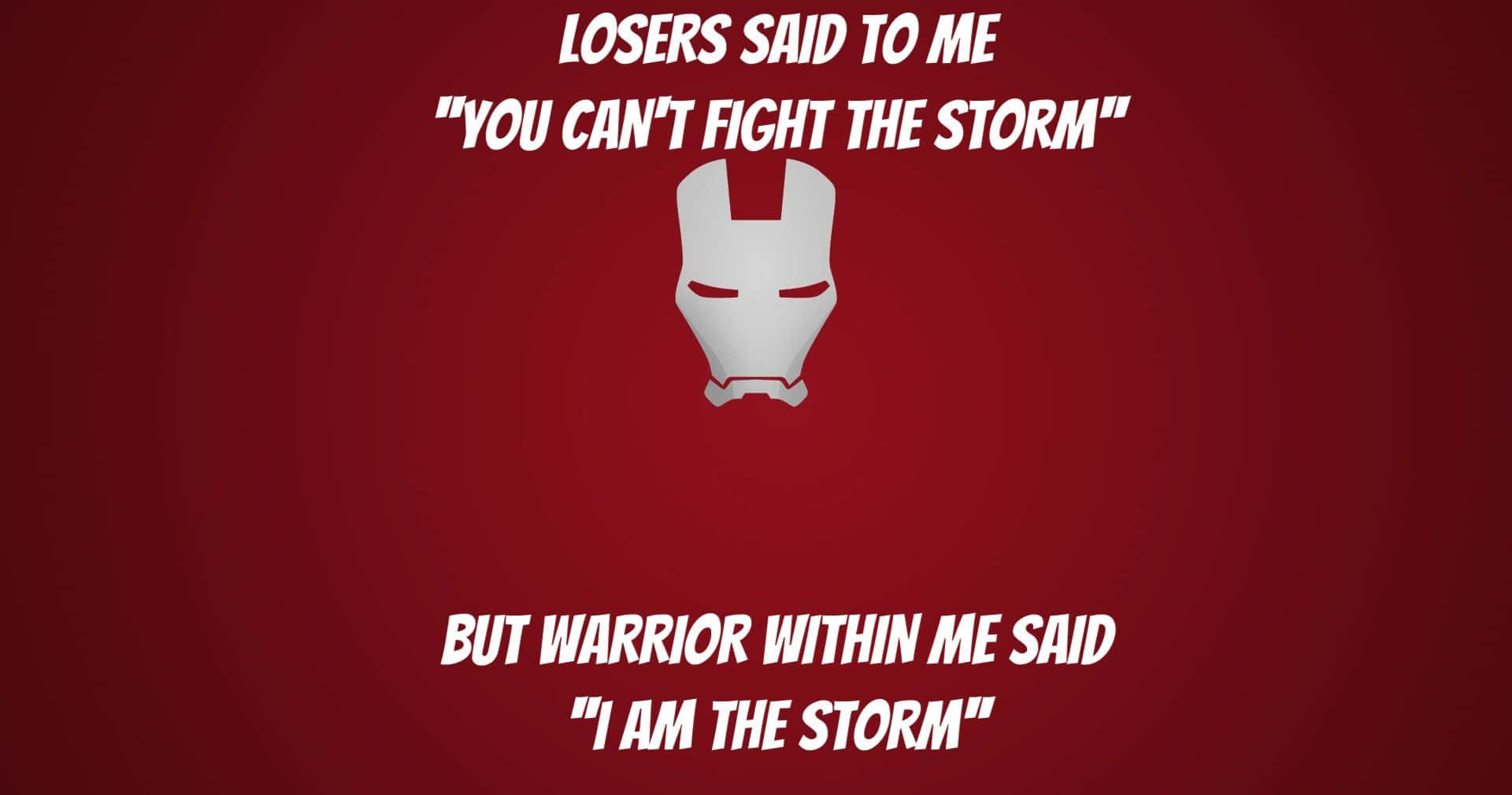 Iron Man Quotes 桌布 壁紙 — 大膽的紅色背景上有一個白色鋼鐵人頭盔剪影，上下有勵志文字。