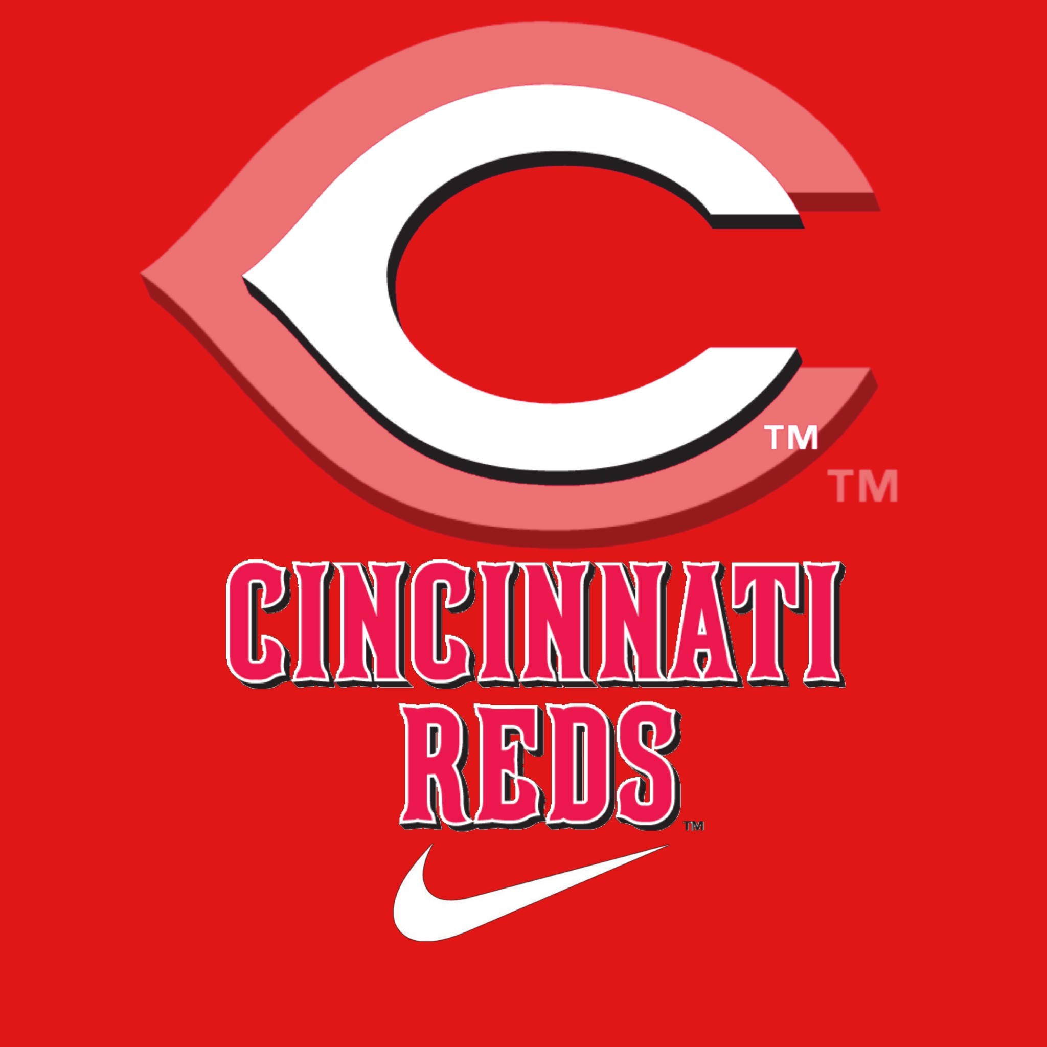 Reds 桌布 壁紙 — 大膽的紅色背景上有一個白色風格化的C標誌，帶有'CINCINNATI REDS'文字和下方的Nike勾勾。
