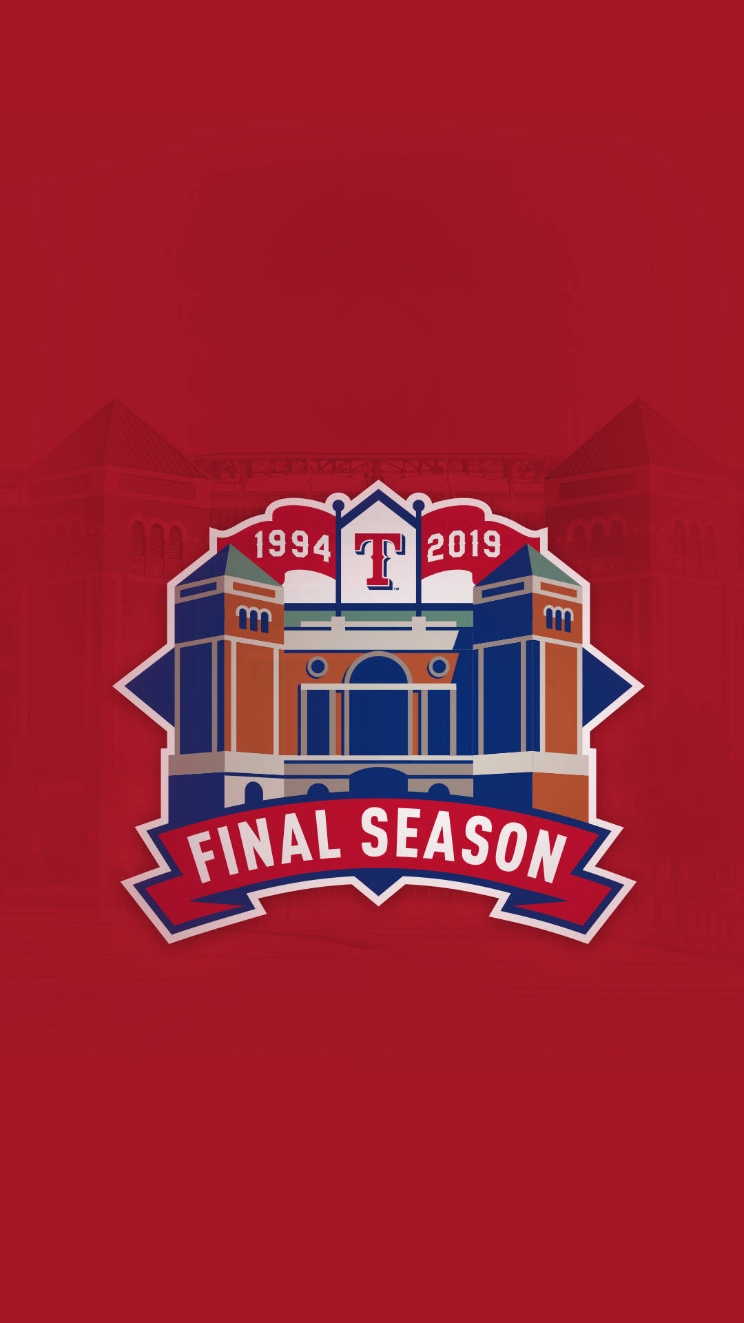 Texas Rangers 桌布 壁紙 — 大膽的紅色背景上有一個風格化的棒球場標誌，標誌著從1994年到2019年的最後一個賽季。