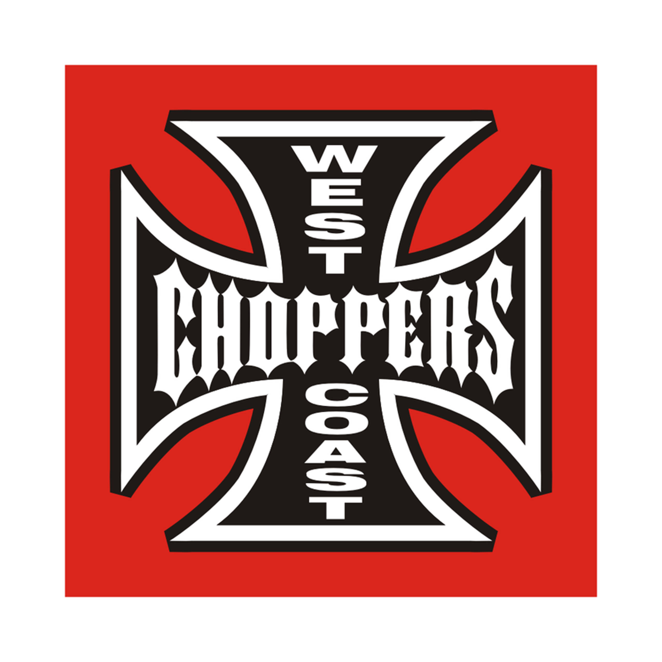 Choppers 桌布 壁紙 — 大膽的紅色背景上有一個黑白風格化的十字架，上面有哥德式字體的「WEST CHOPPERS COAST」。