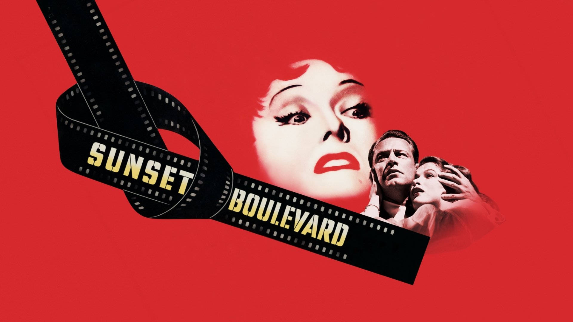 Boulevard 桌布 壁紙 — 大膽的紅色背景上有一條黑色膠卷帶，上面有黃色的「SUNSET BOULEVARD」字樣，纏繞著經典好萊塢演員的風格化面孔。